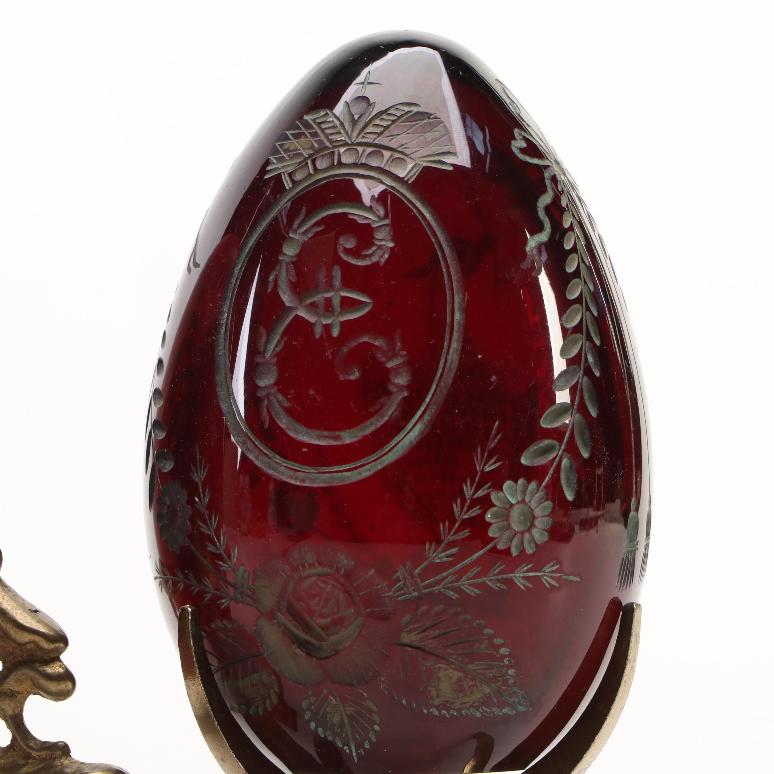 Stone and Glass Egg Figures on Brass Stands & Indo-Persian Enameled Brass Plate