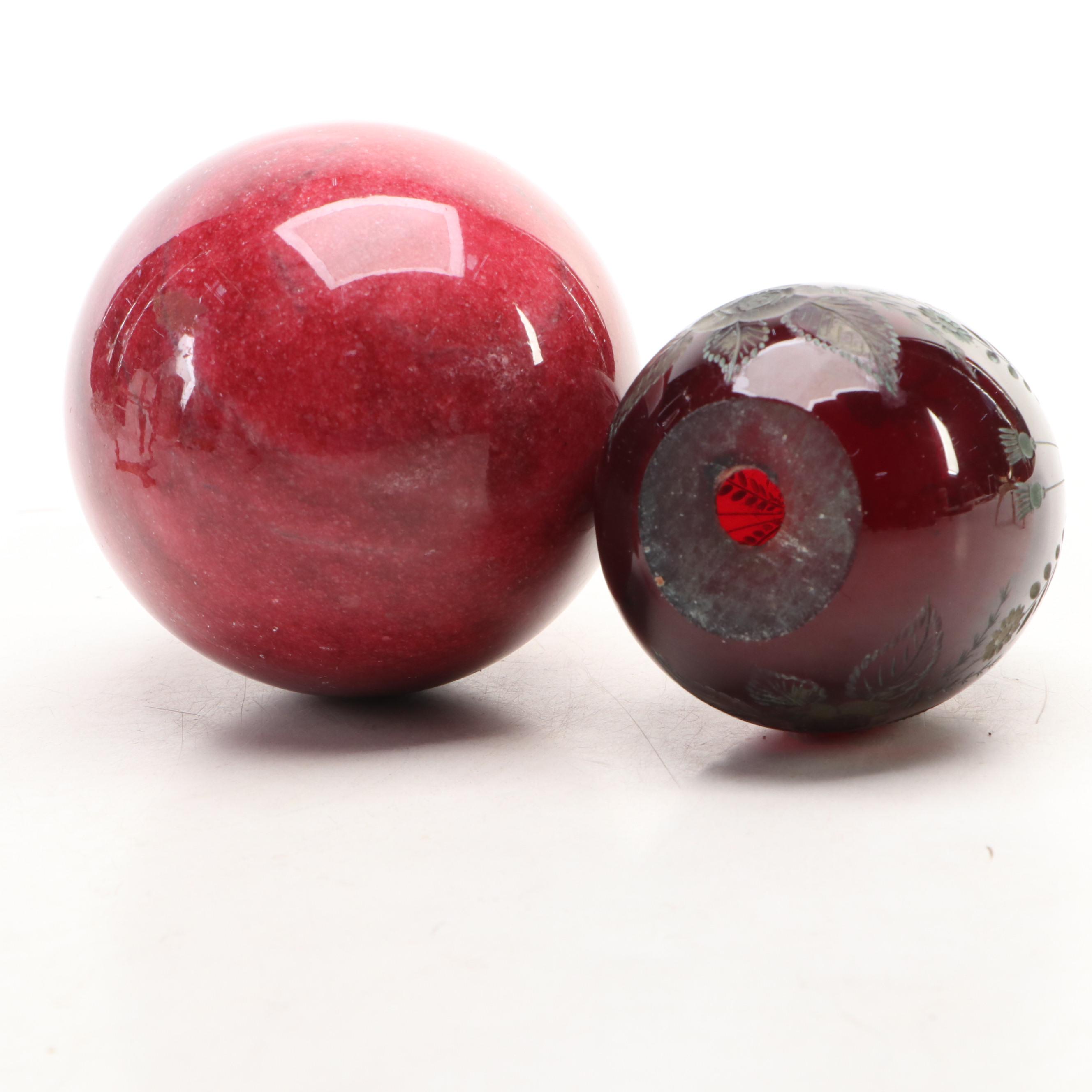 Stone and Glass Egg Figures on Brass Stands & Indo-Persian Enameled Brass Plate