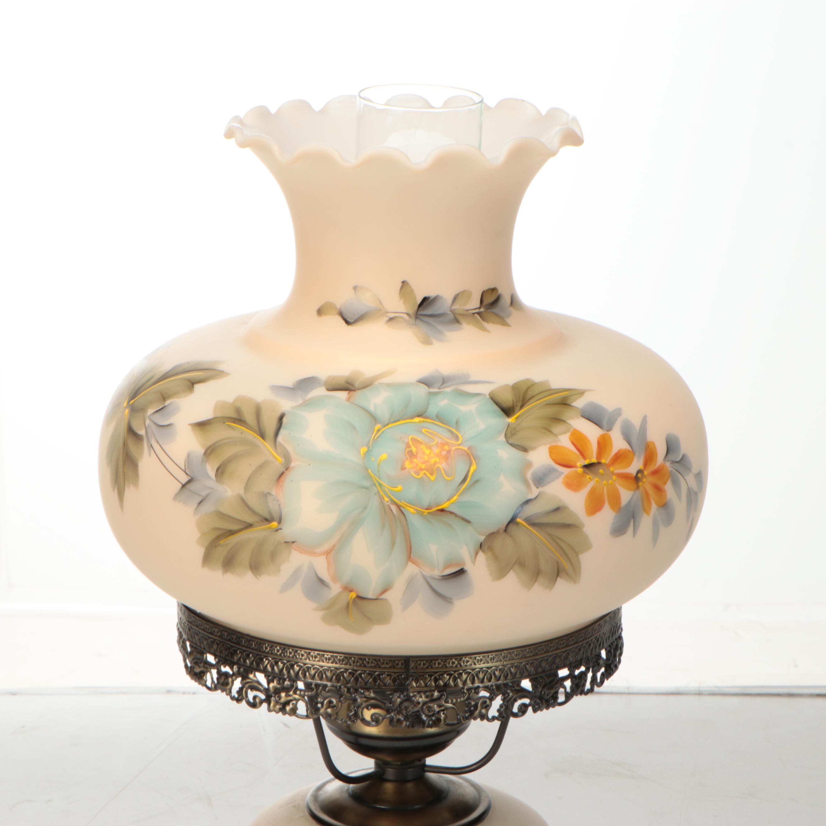 Victorian Style Parlor Lamp with Hand-Painted Satin Glass Shade, Mid-20th C.