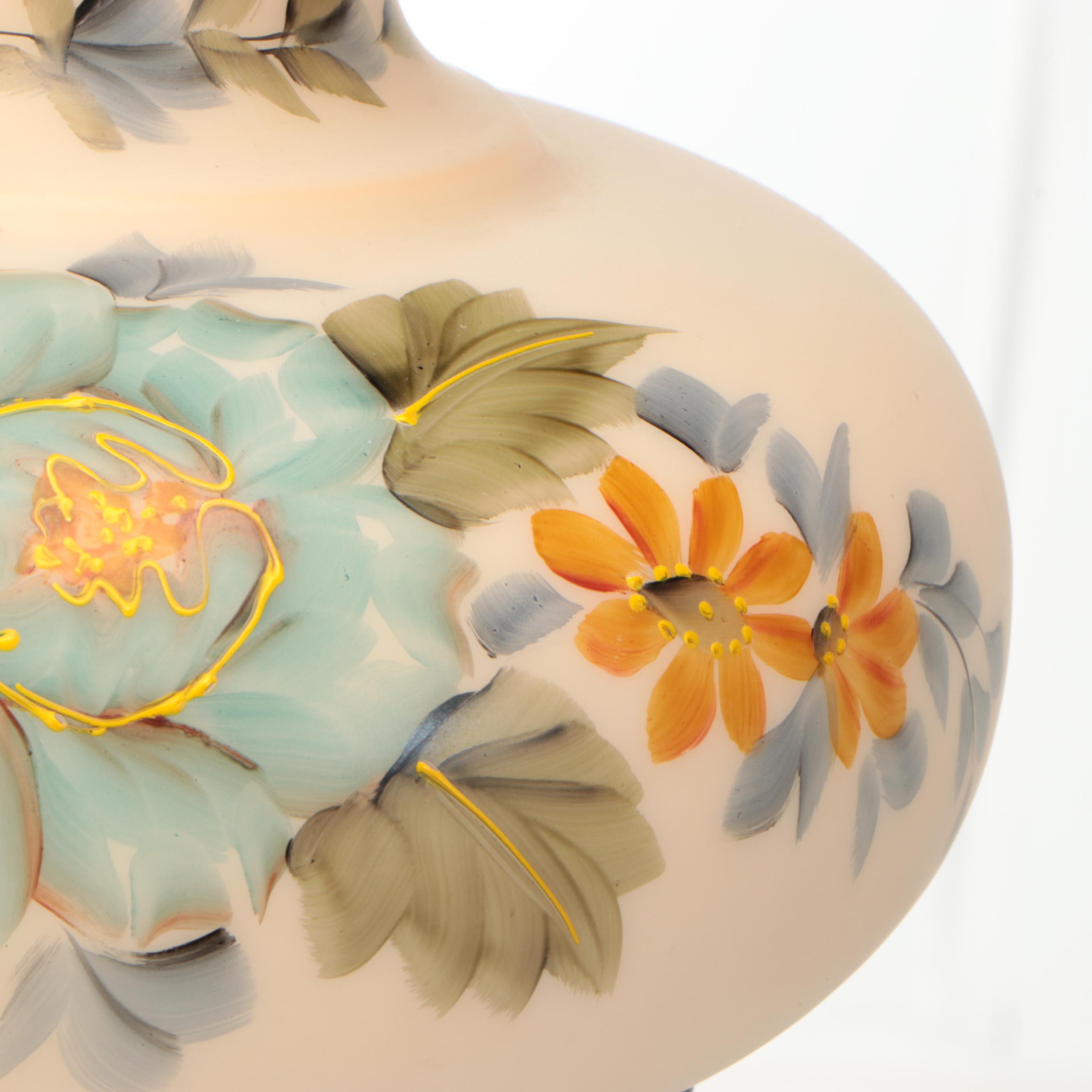 Victorian Style Parlor Lamp with Hand-Painted Satin Glass Shade, Mid-20th C.