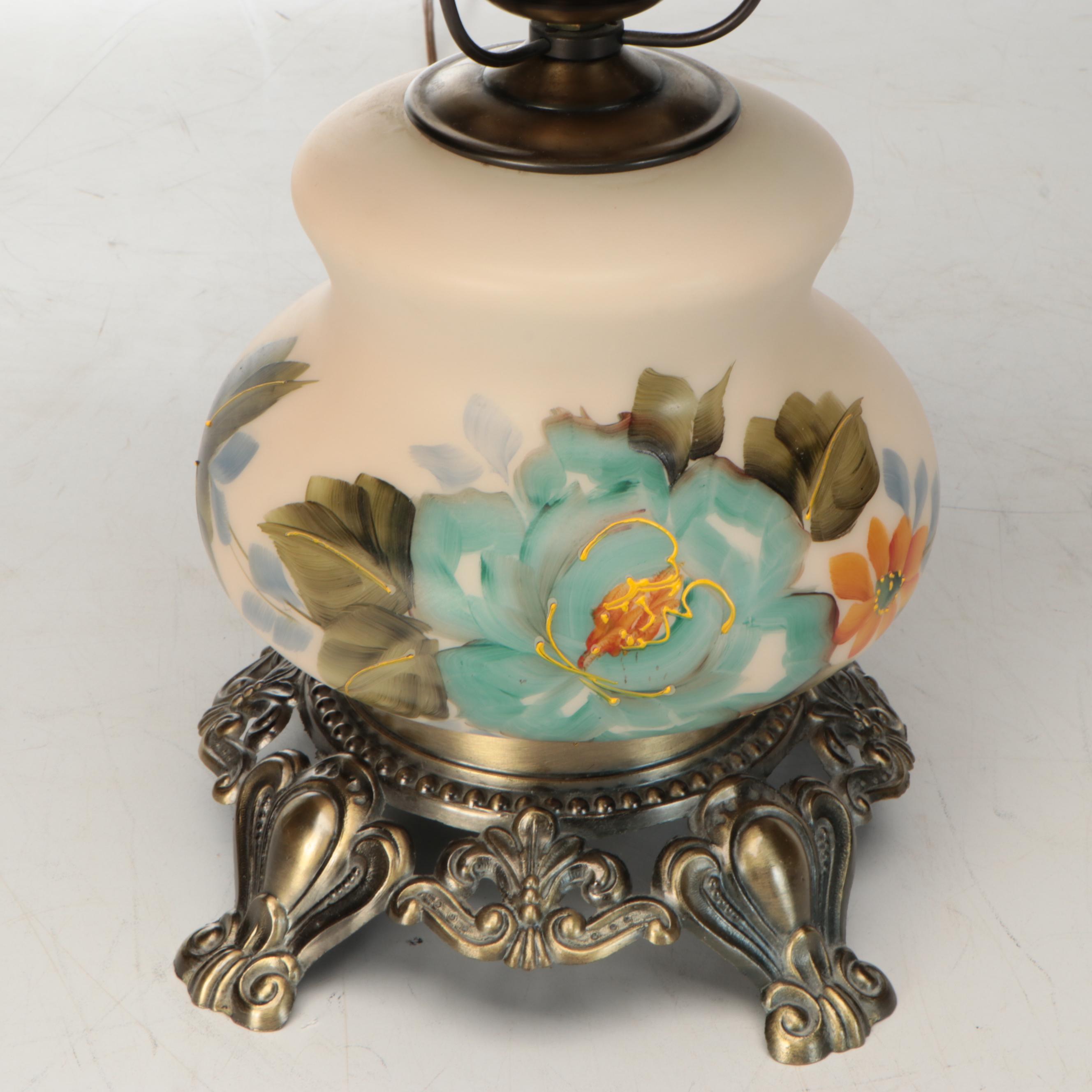 Victorian Style Parlor Lamp with Hand-Painted Satin Glass Shade, Mid-20th C.