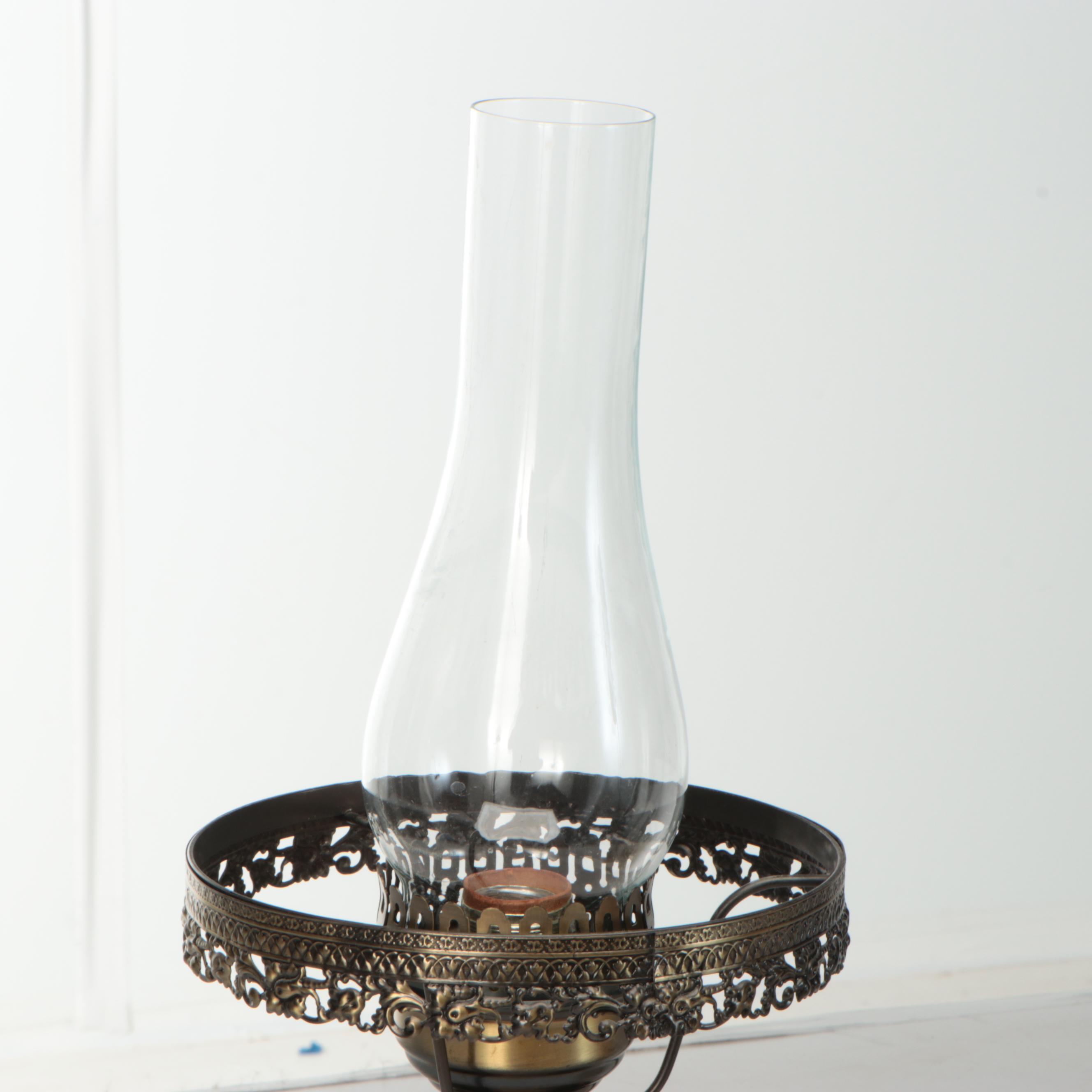 Victorian Style Parlor Lamp with Hand-Painted Satin Glass Shade, Mid-20th C.