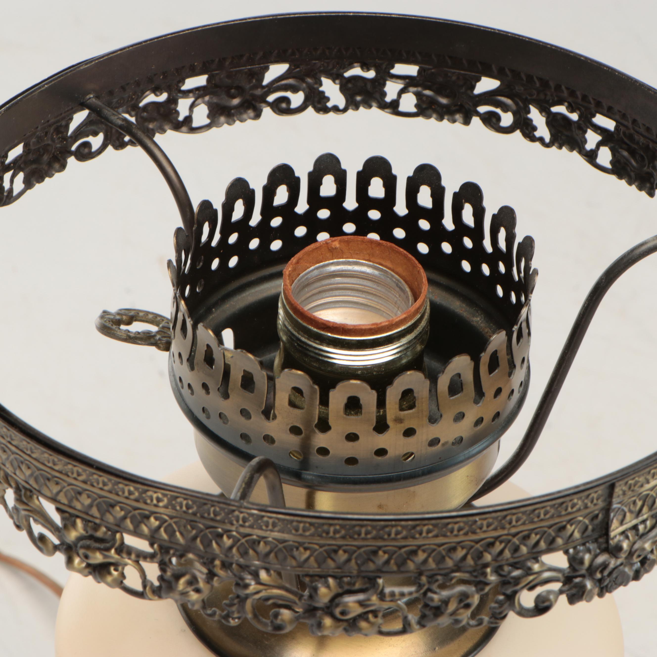 Victorian Style Parlor Lamp with Hand-Painted Satin Glass Shade, Mid-20th C.