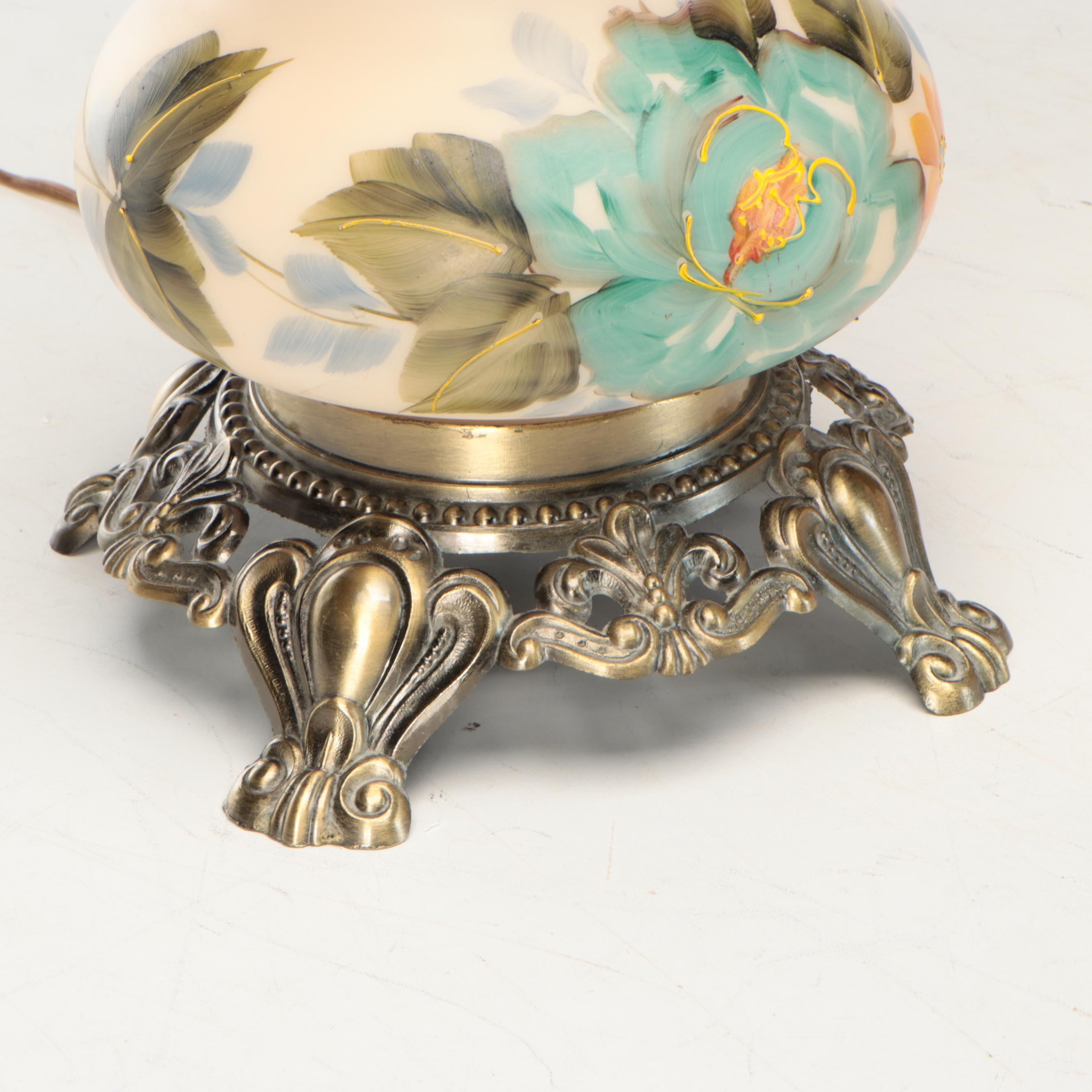 Victorian Style Parlor Lamp with Hand-Painted Satin Glass Shade, Mid-20th C.