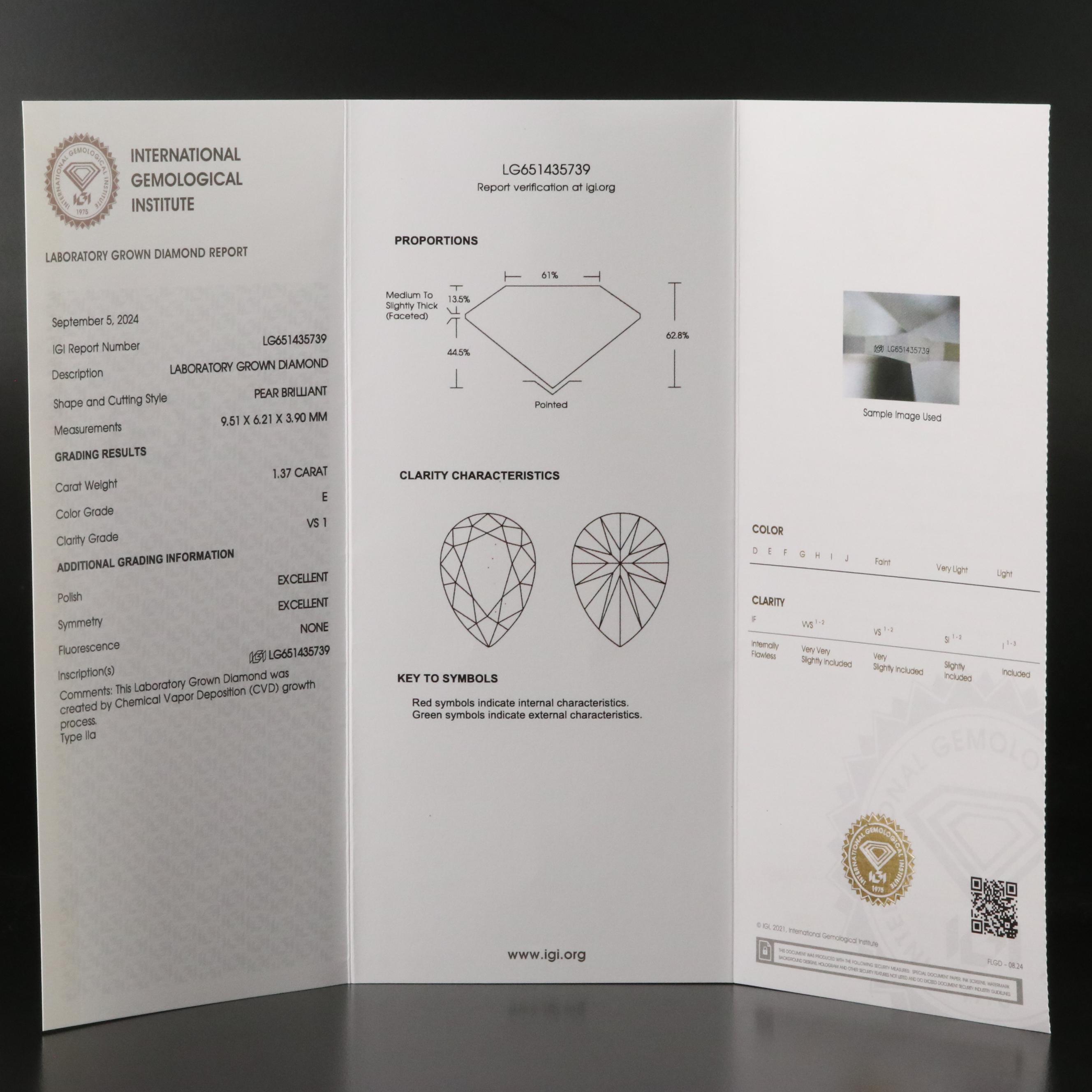 Loose 1.37 CT Lab Grown Diamond with IGI Report
