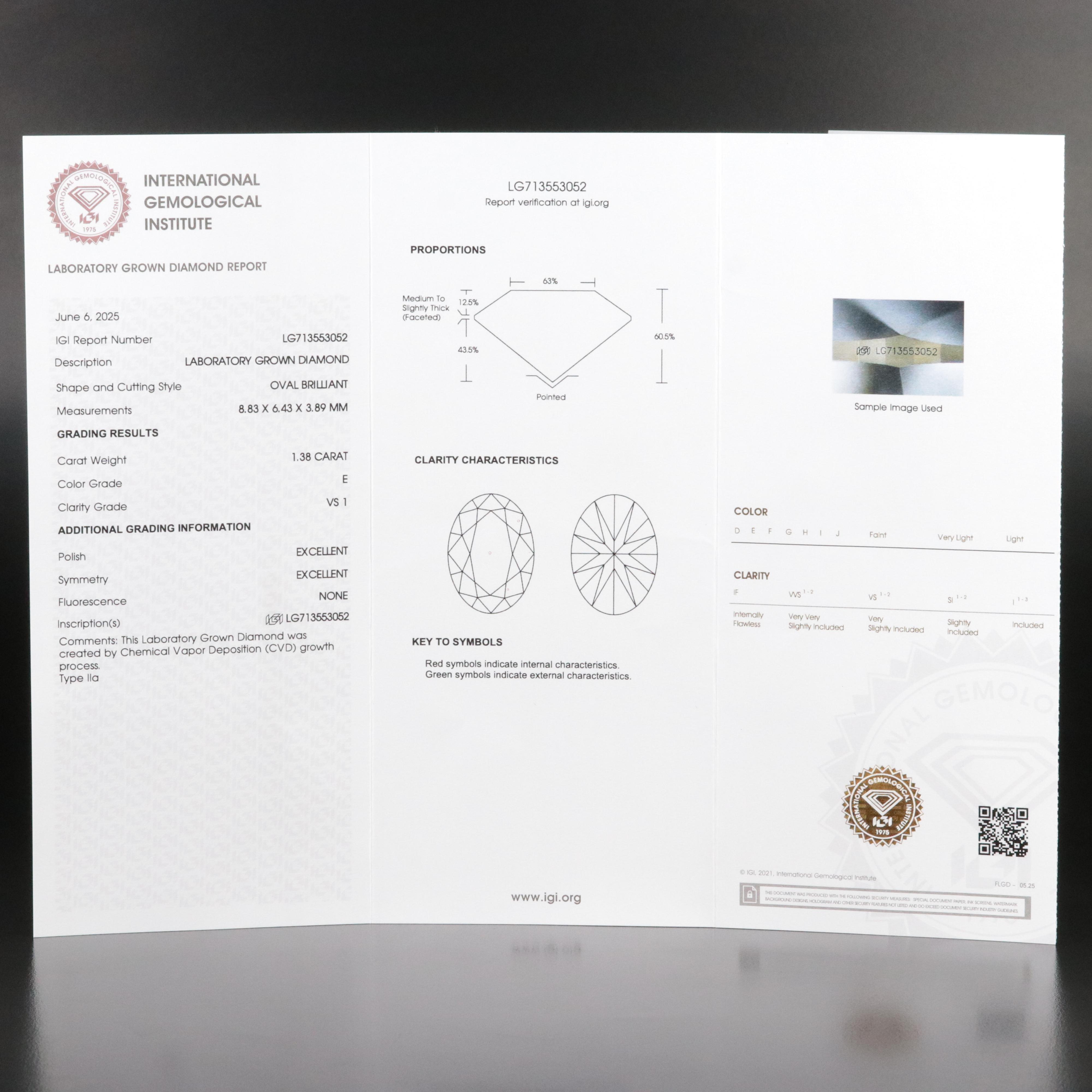 Loose 1.38 CT Lab Grown Diamond with IGI Report