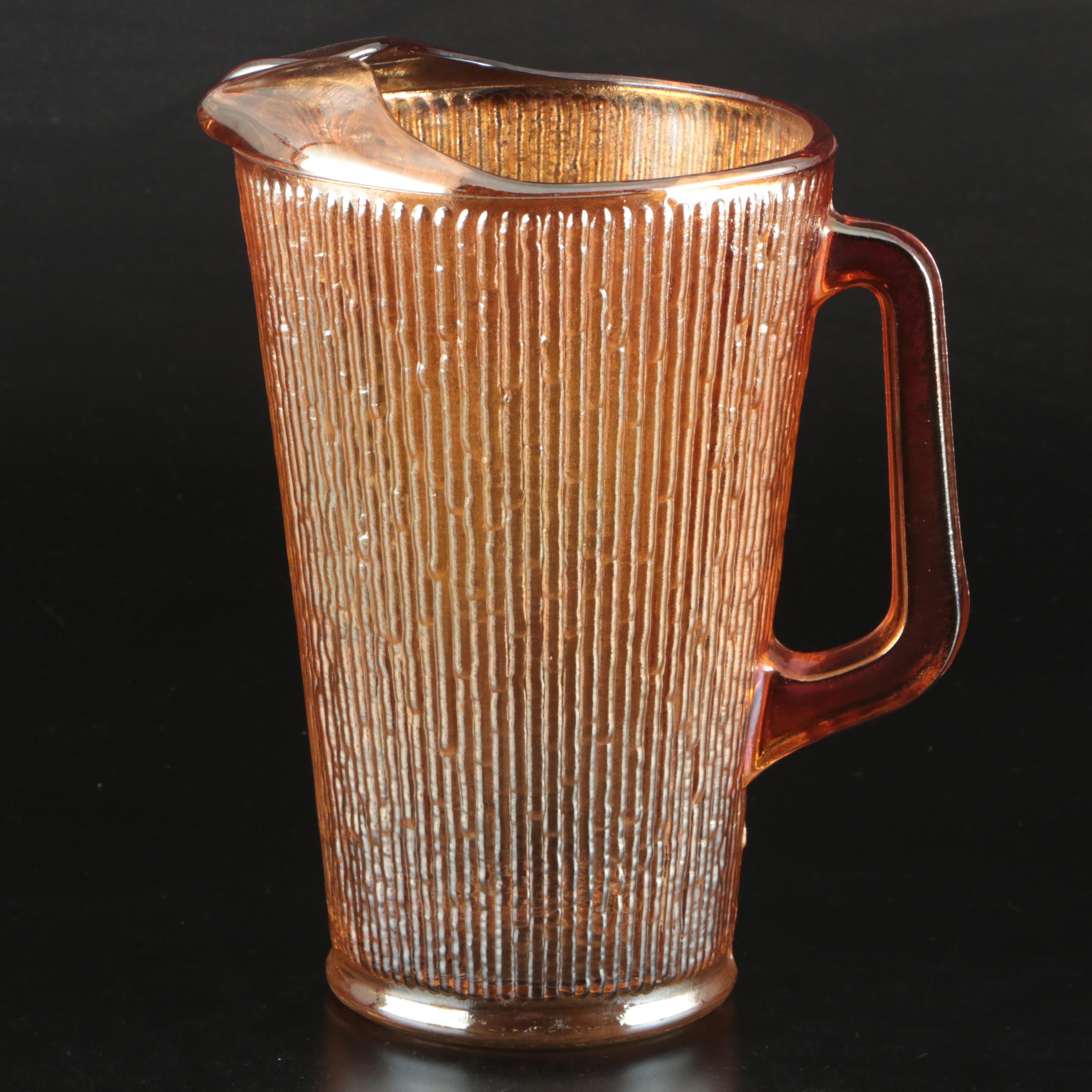 Jeannette "Tree Bark" Marigold Carnival Glass Pitcher and Tumblers, Mid-20th C.