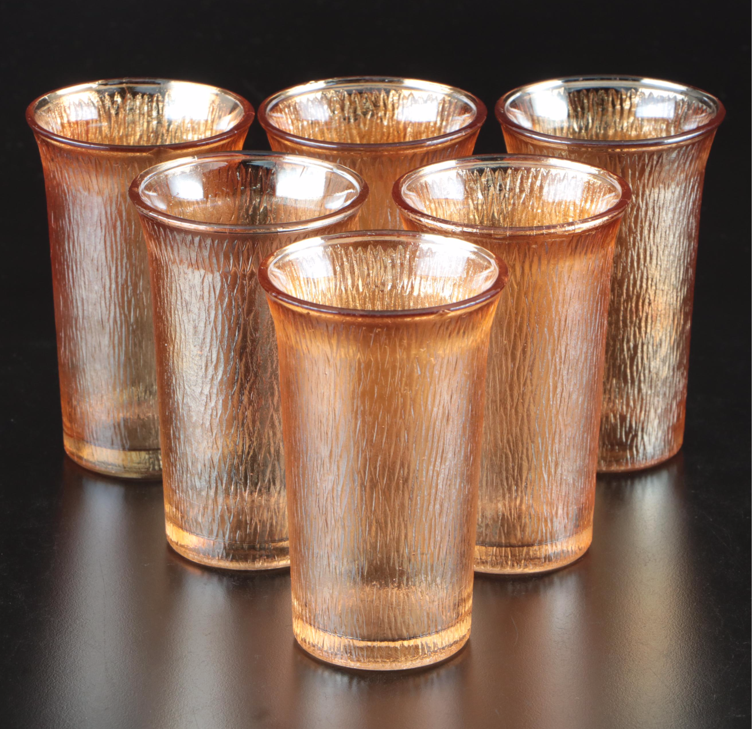 Jeannette "Tree Bark" Marigold Carnival Glass Pitcher and Tumblers, Mid-20th C.