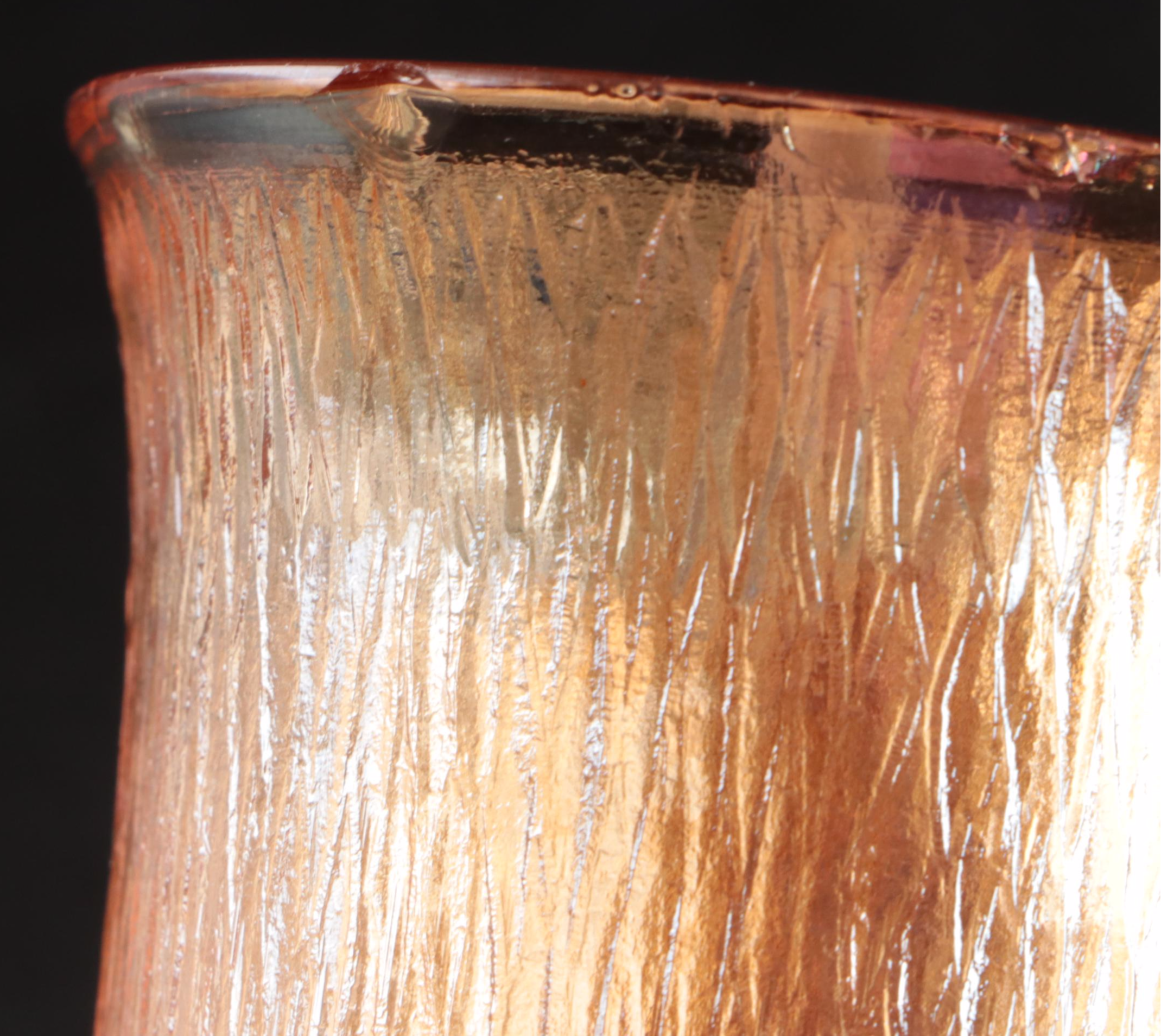 Jeannette "Tree Bark" Marigold Carnival Glass Pitcher and Tumblers, Mid-20th C.