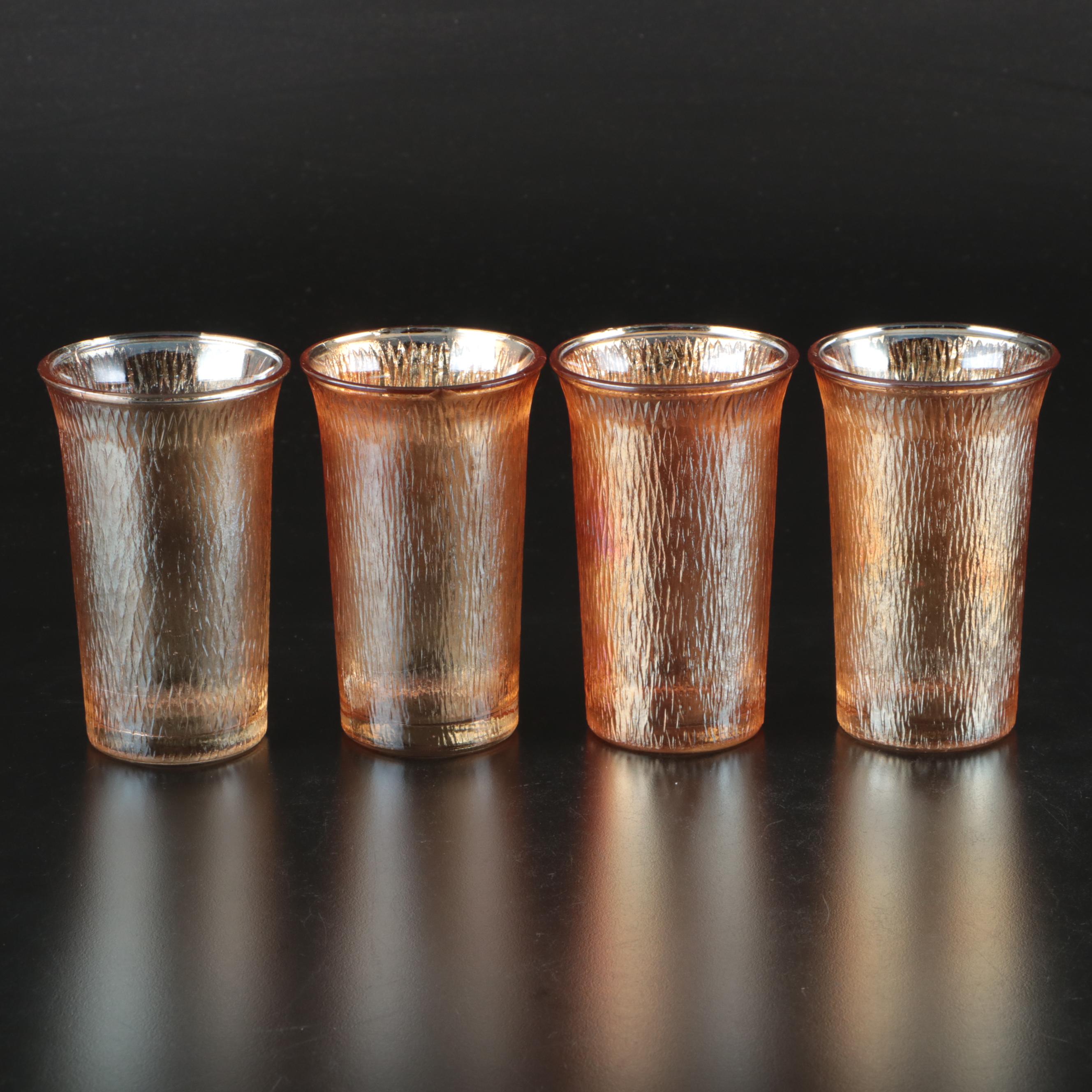 Jeannette "Tree Bark" Marigold Carnival Glass Pitcher and Tumblers, Mid-20th C.