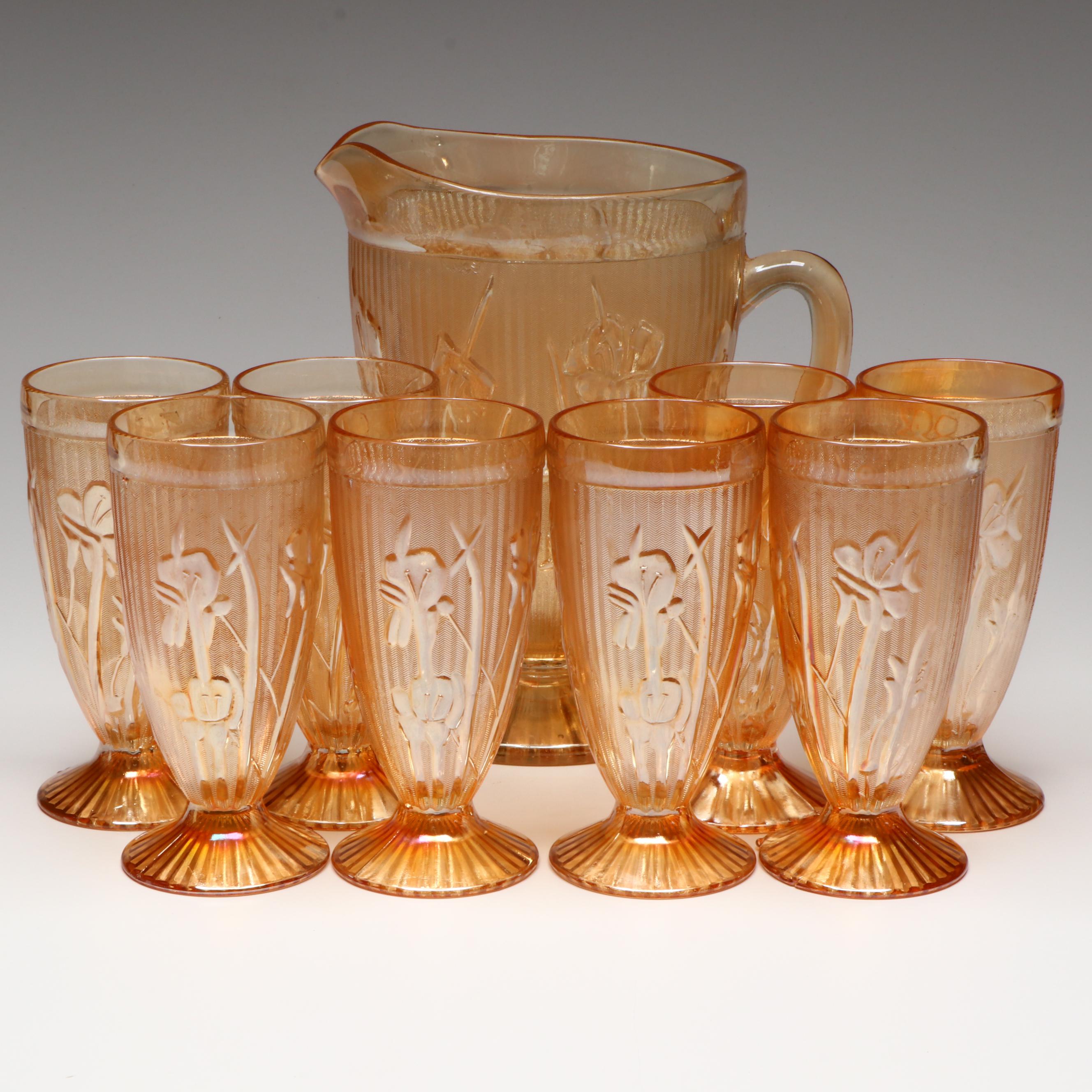 Jeannette "Iris" Carnival Glass Pitcher and Footed Tumblers, Mid to Late 20th C.