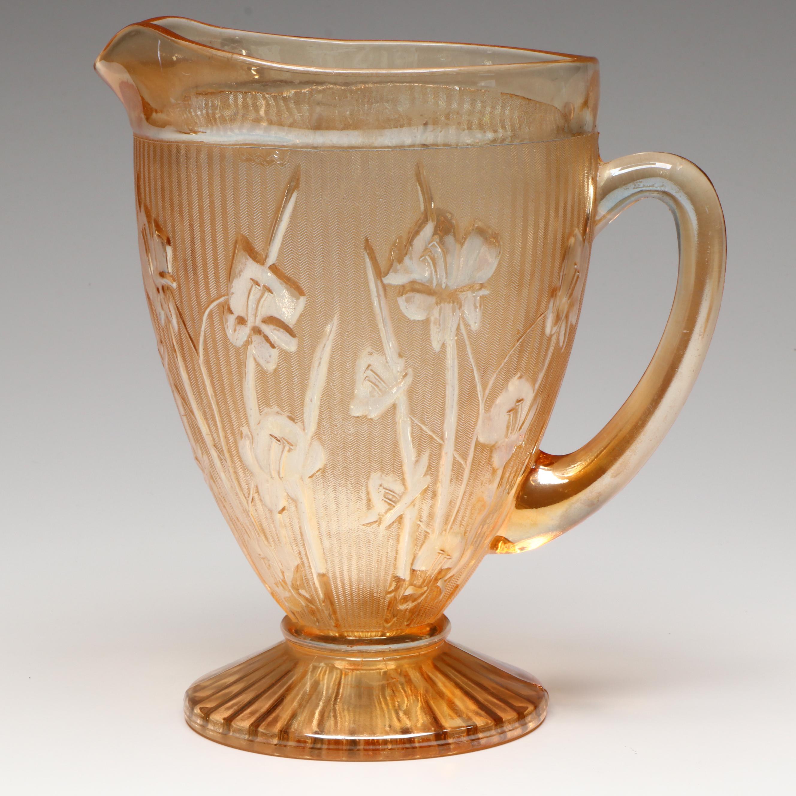 Jeannette "Iris" Carnival Glass Pitcher and Footed Tumblers, Mid to Late 20th C.