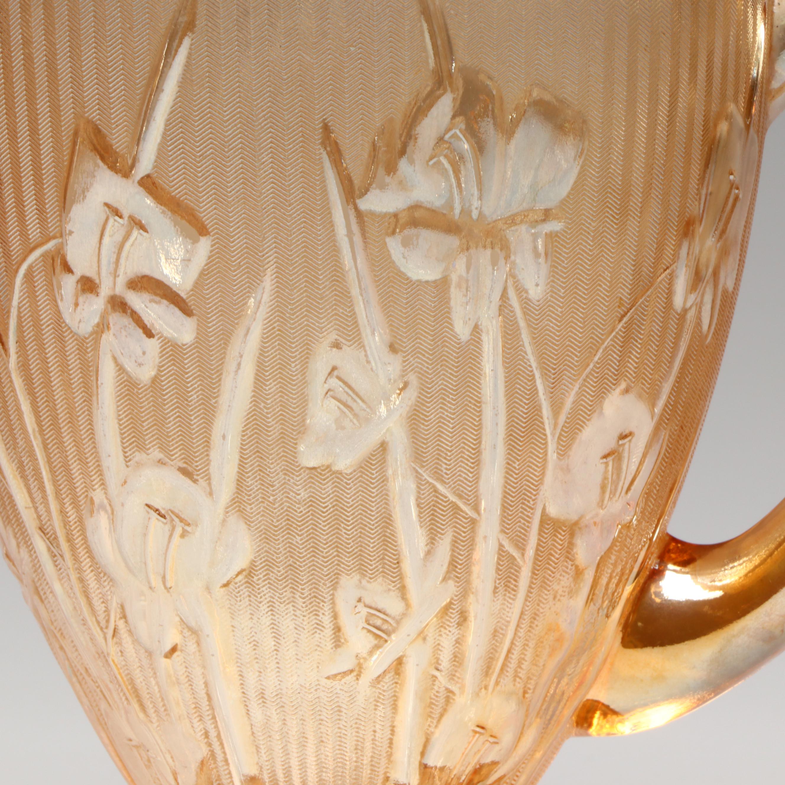 Jeannette "Iris" Carnival Glass Pitcher and Footed Tumblers, Mid to Late 20th C.