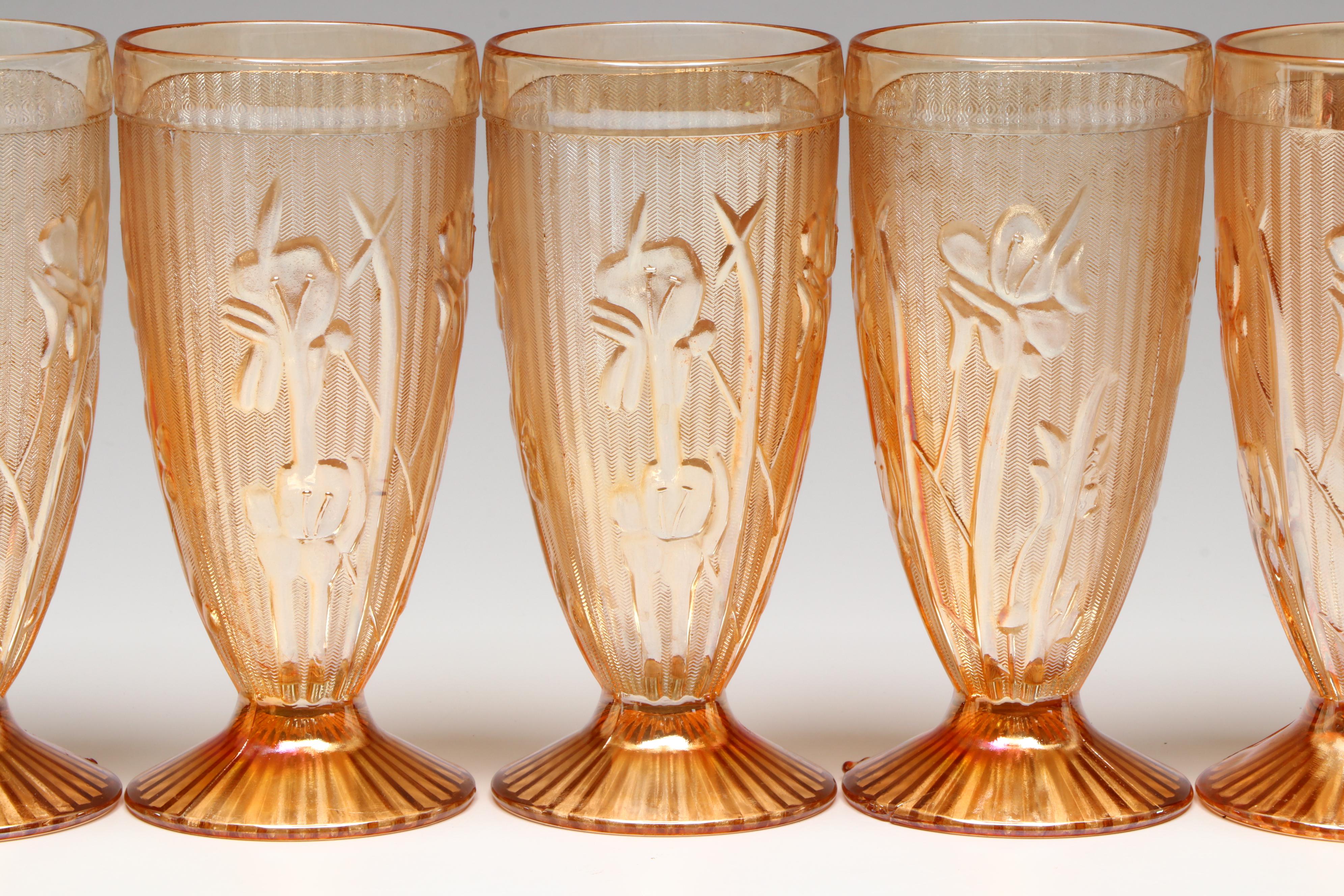Jeannette "Iris" Carnival Glass Pitcher and Footed Tumblers, Mid to Late 20th C.