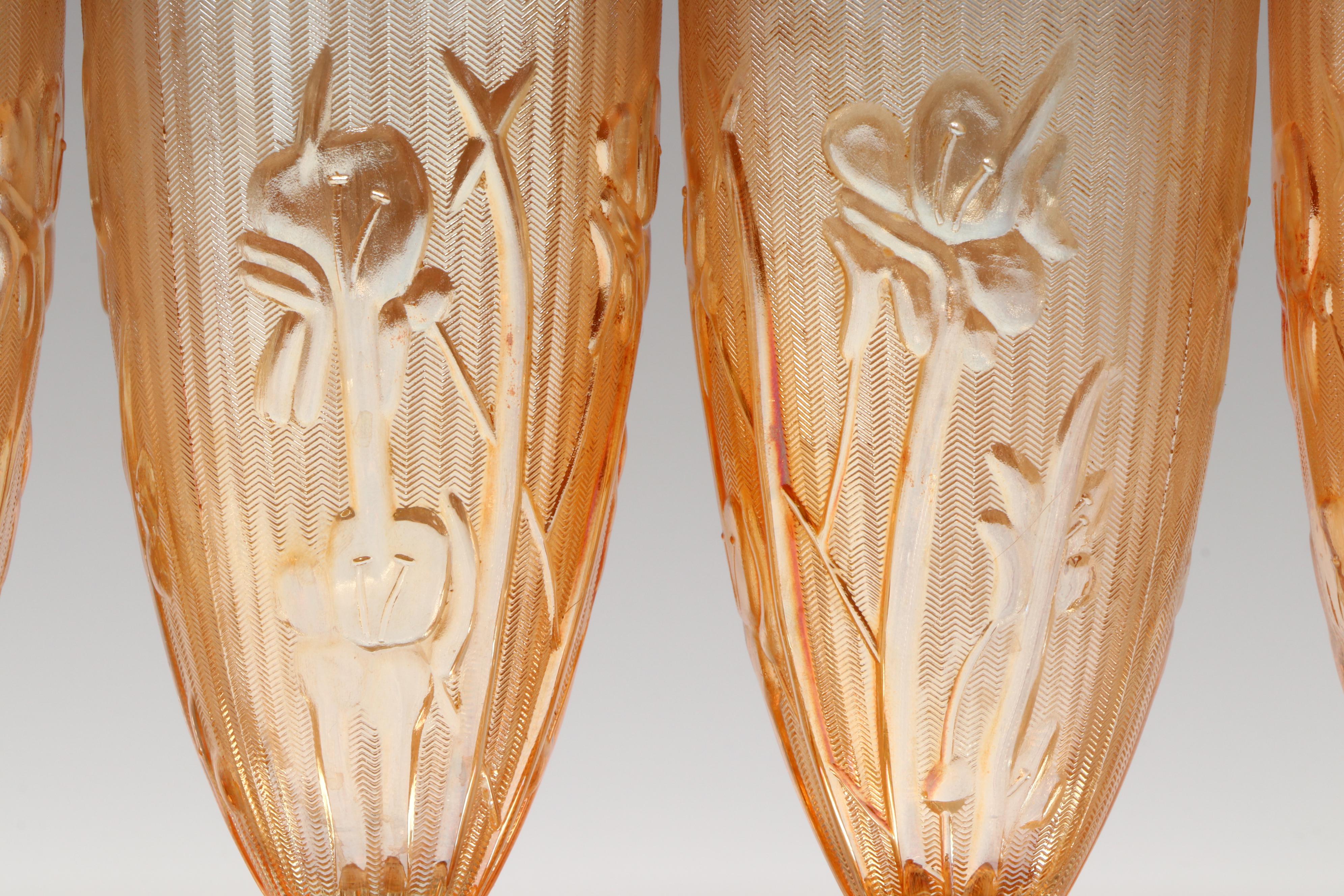 Jeannette "Iris" Carnival Glass Pitcher and Footed Tumblers, Mid to Late 20th C.