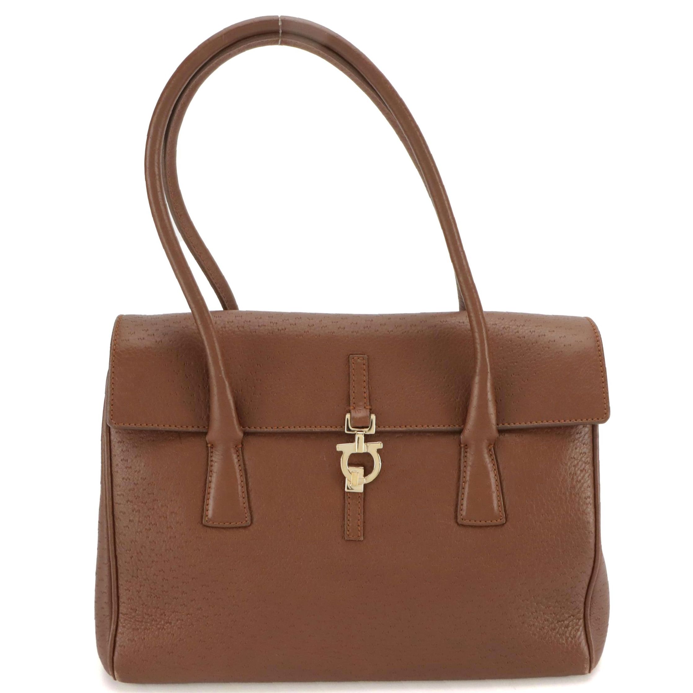 Salvatore Ferragamo Ostrich Embossed Leather Satchel with Gancini Hardware