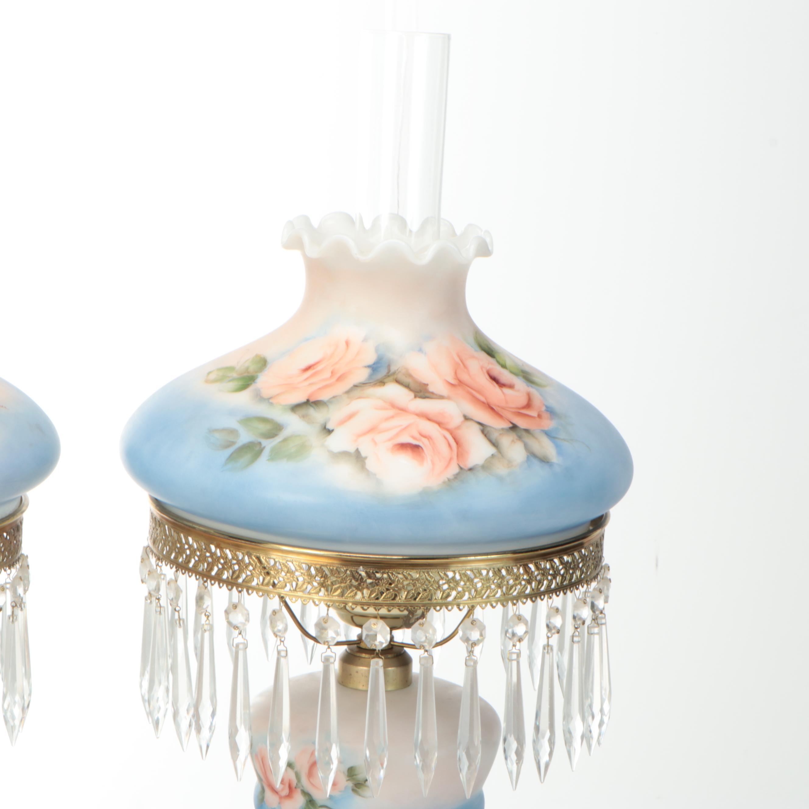 Pair of Victorian Style Hand-Painted Parlor Table Lamps, Mid-20th Century