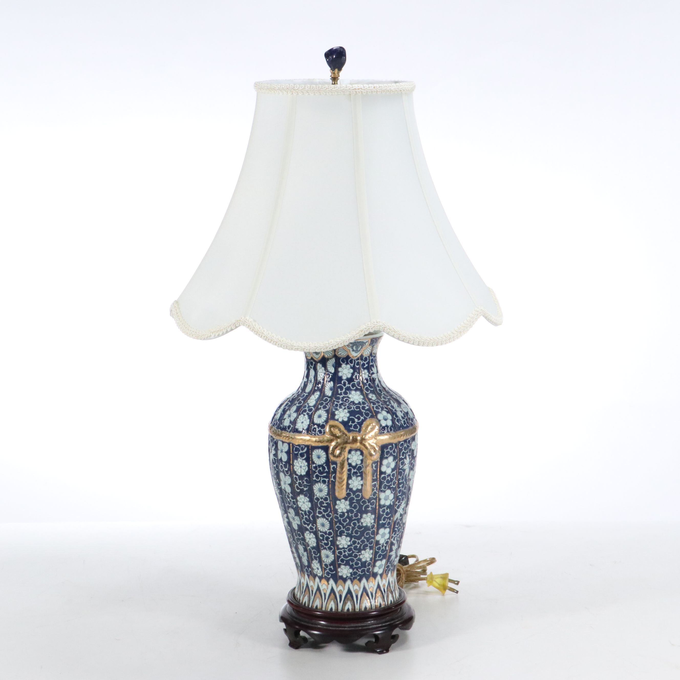 Pair of Chinese Gilt and Hand-Painted Porcelain Table Lamps & Silk Bell Shades