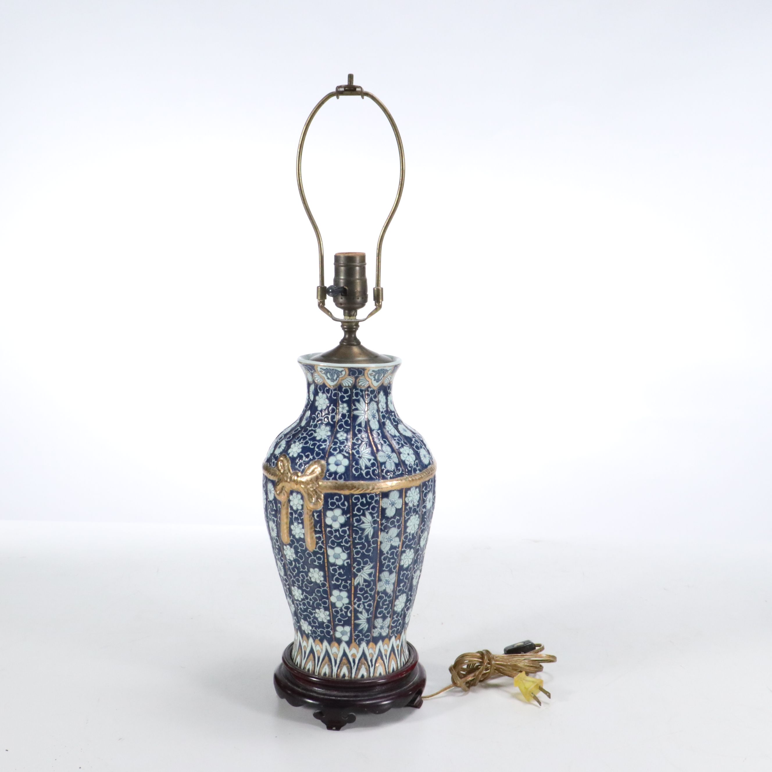 Pair of Chinese Gilt and Hand-Painted Porcelain Table Lamps & Silk Bell Shades