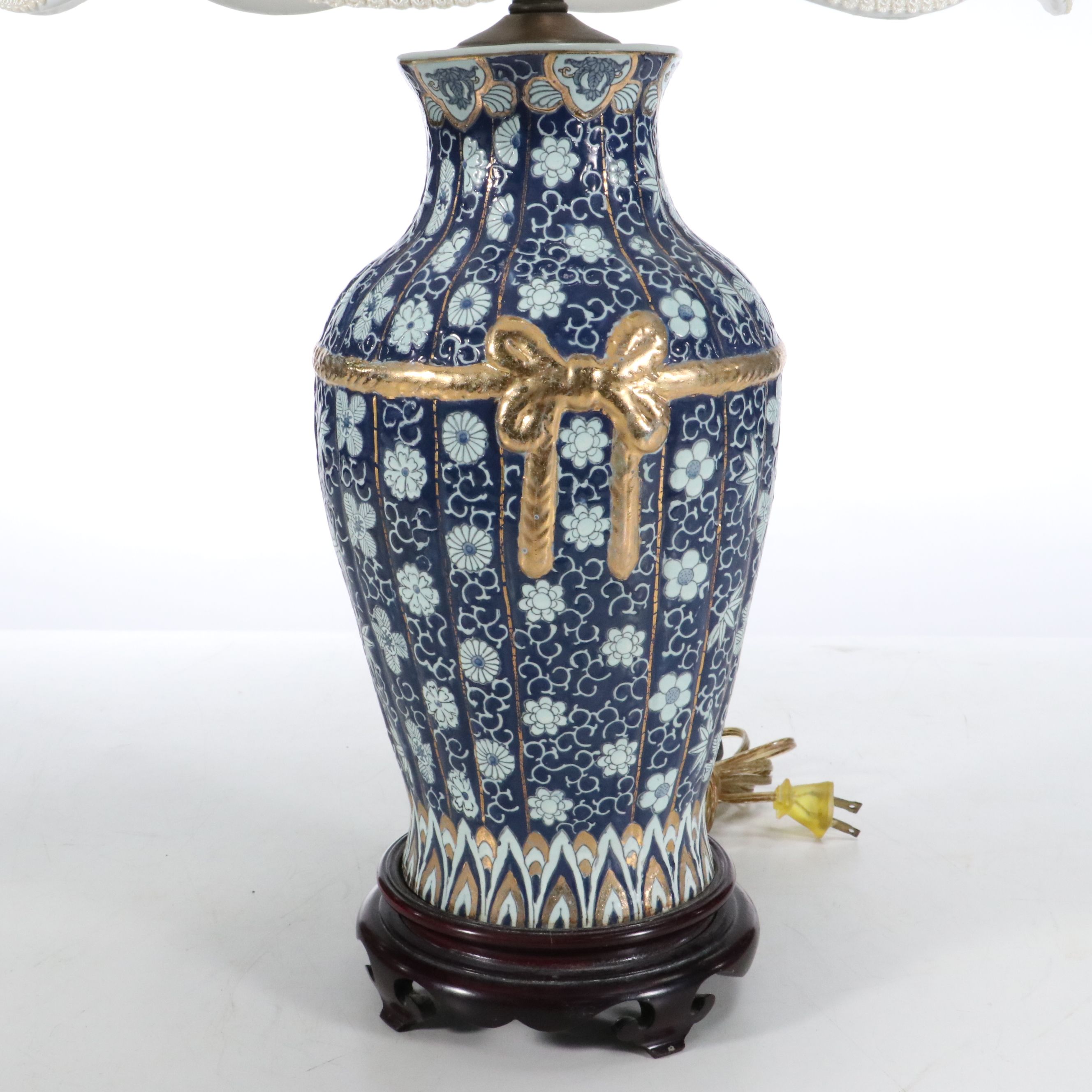 Pair of Chinese Gilt and Hand-Painted Porcelain Table Lamps & Silk Bell Shades