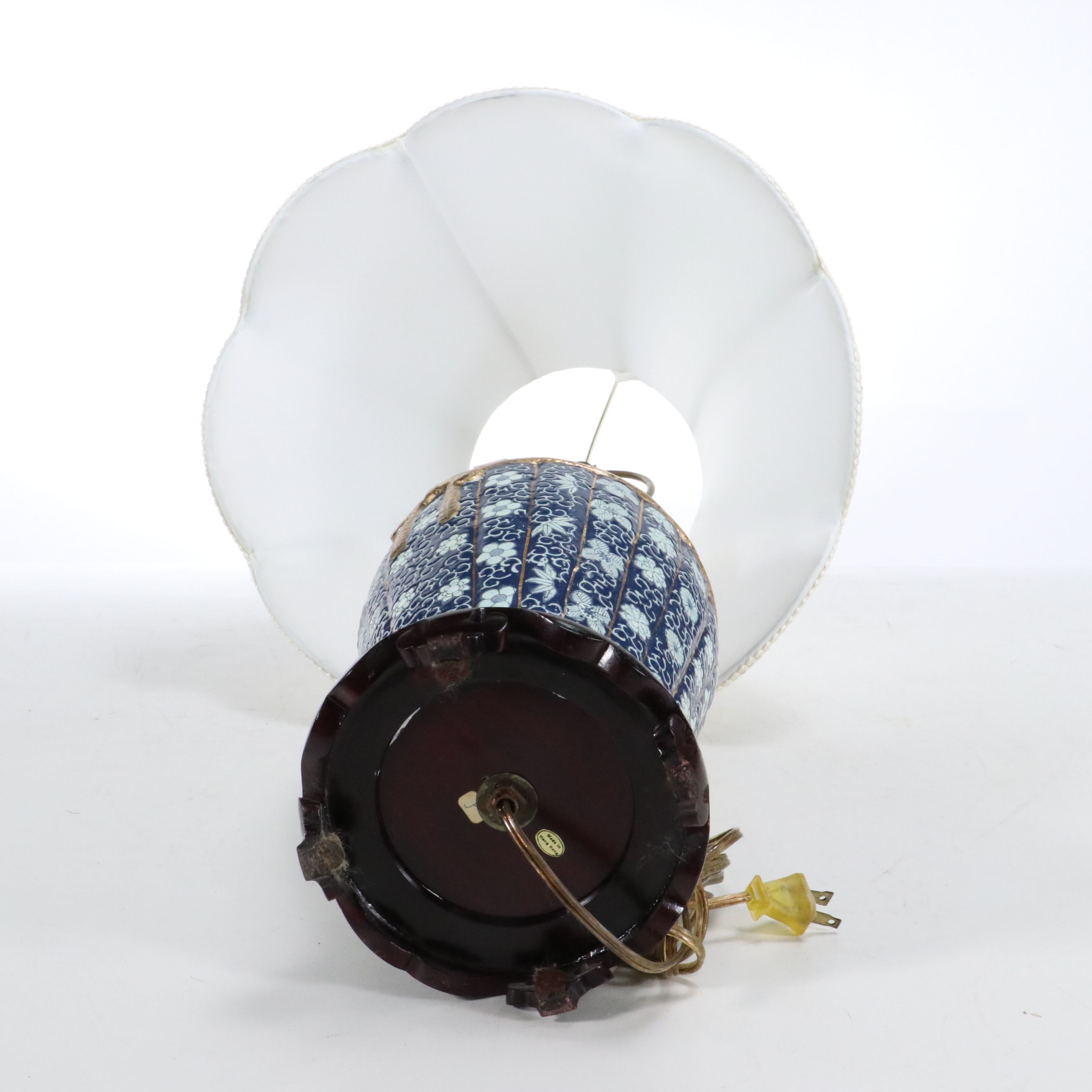 Pair of Chinese Gilt and Hand-Painted Porcelain Table Lamps & Silk Bell Shades