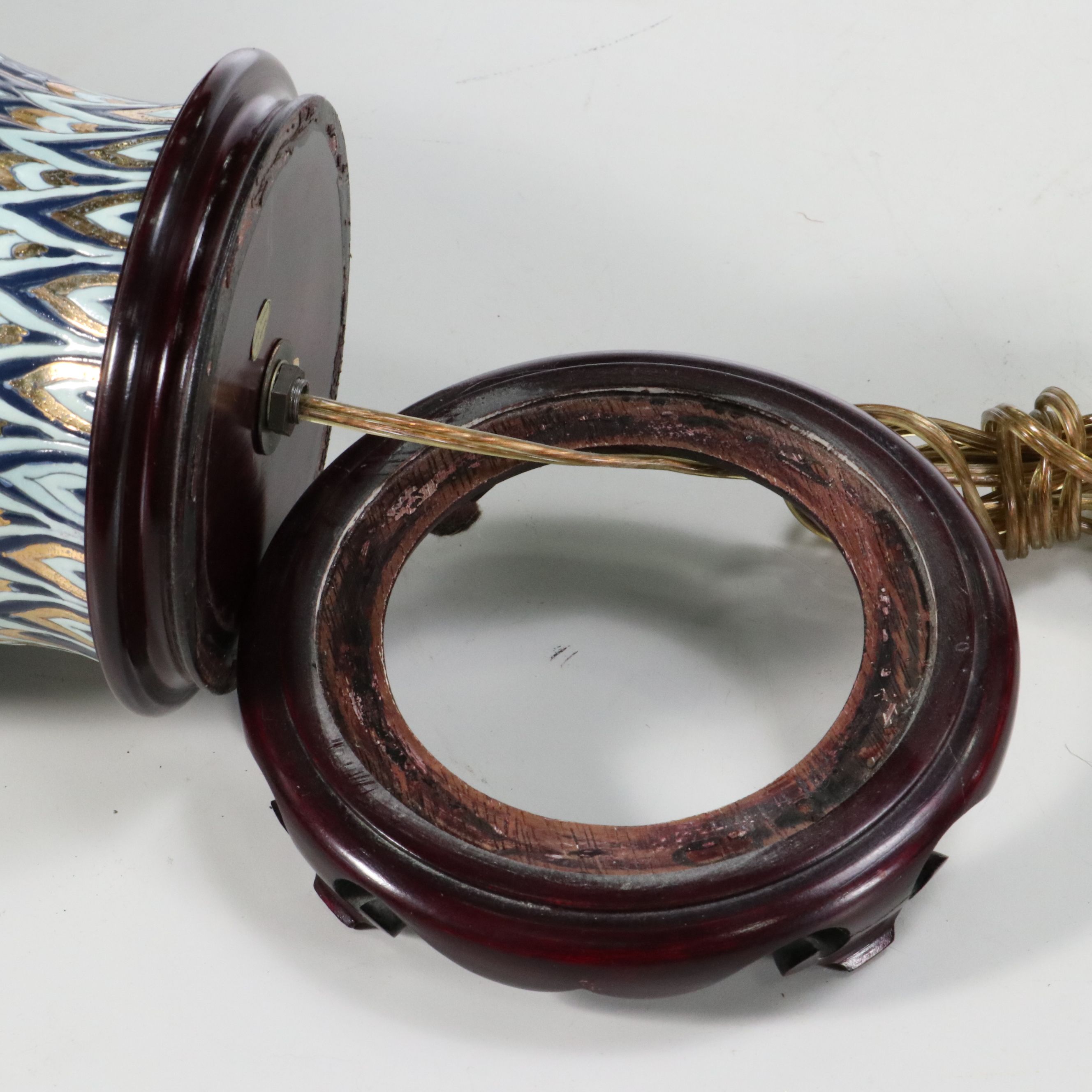 Pair of Chinese Gilt and Hand-Painted Porcelain Table Lamps & Silk Bell Shades