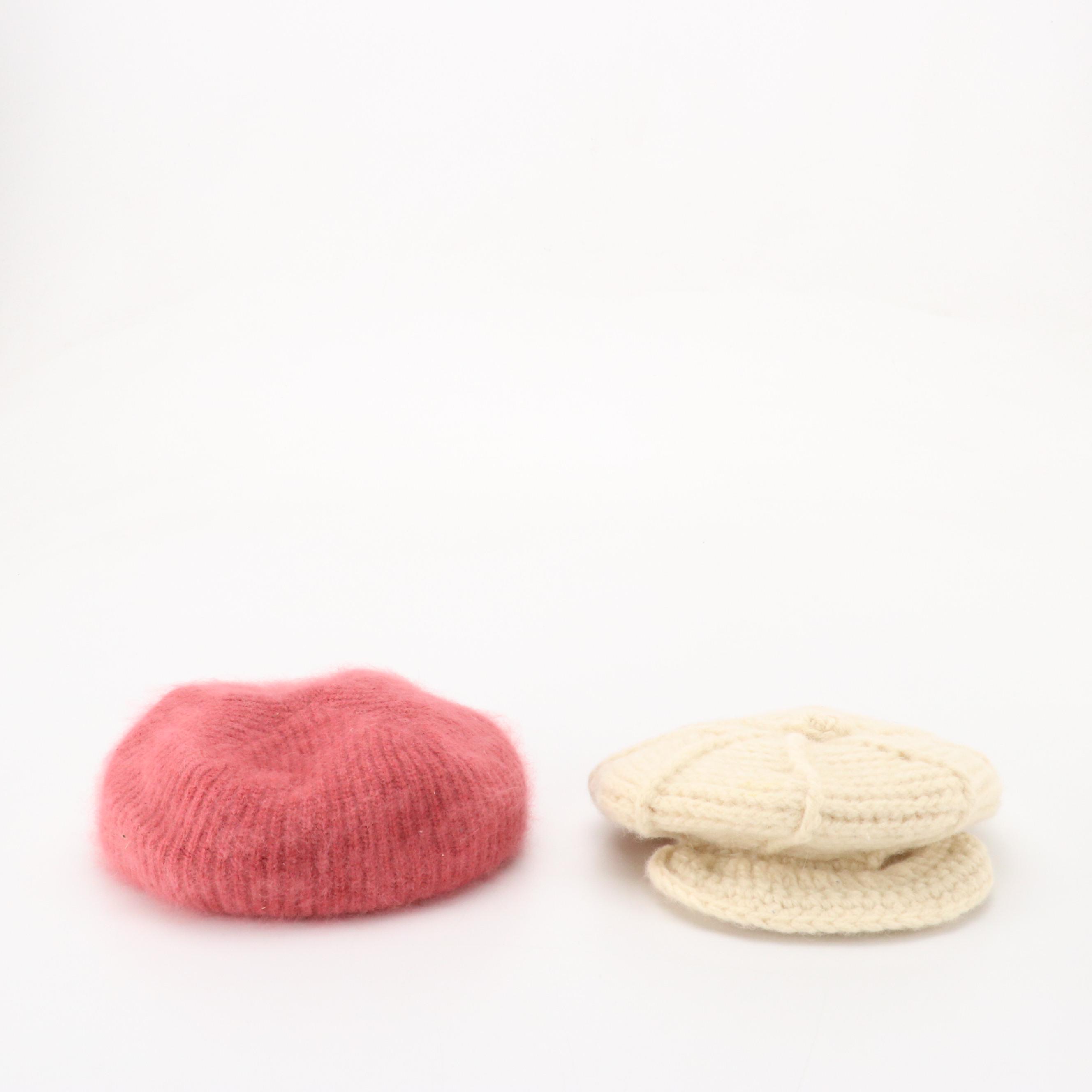 Hand-Knit Wool Cap and Angora Blend Knit Beret