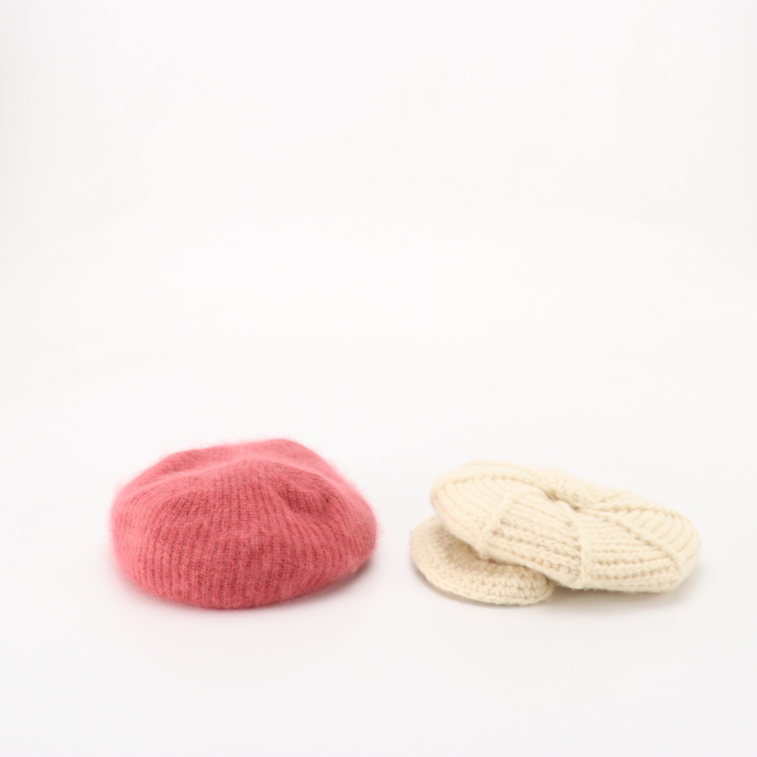Hand-Knit Wool Cap and Angora Blend Knit Beret