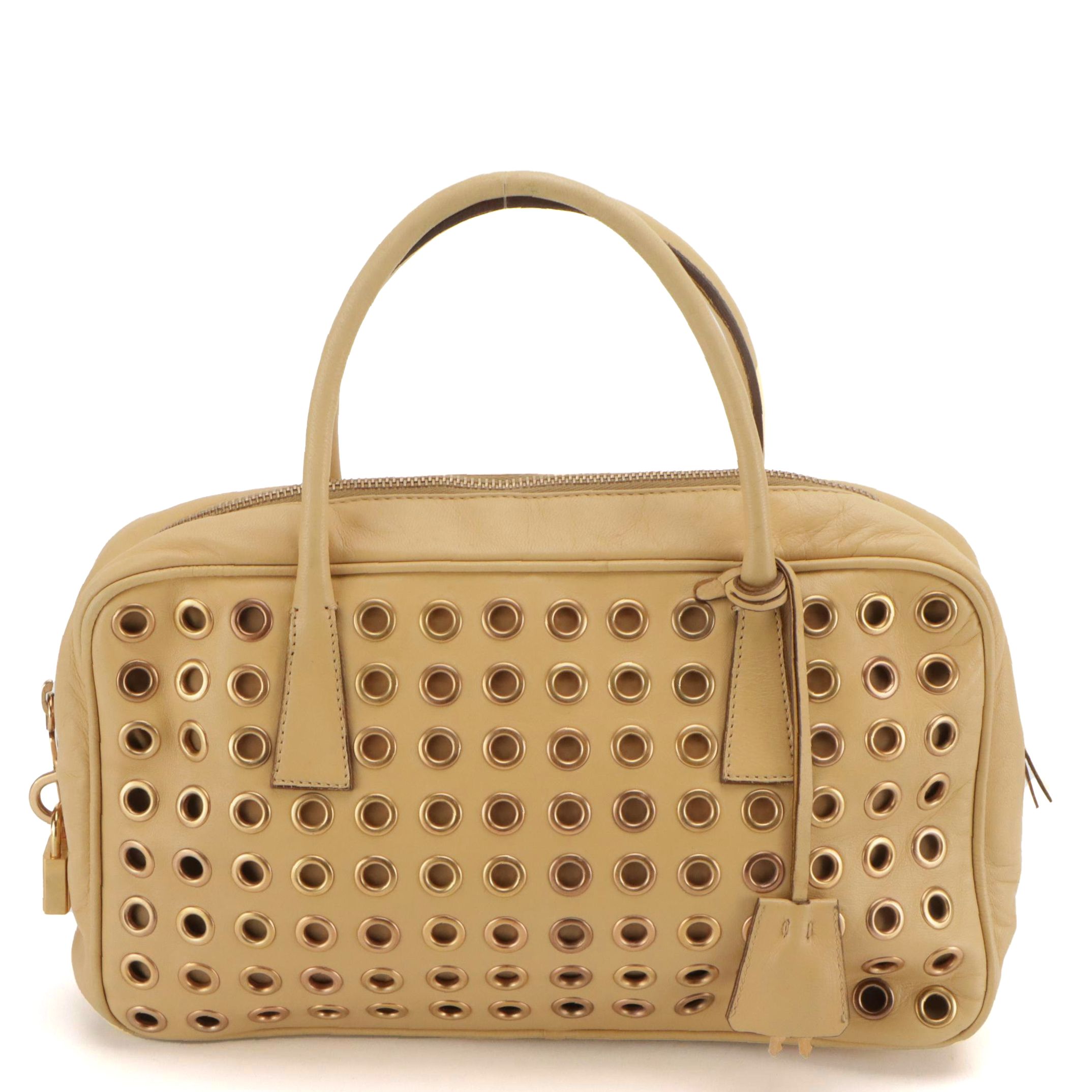 Prada Grommet Embellished Nappa Leather Zip-Top Handbag with Keys and Padlock