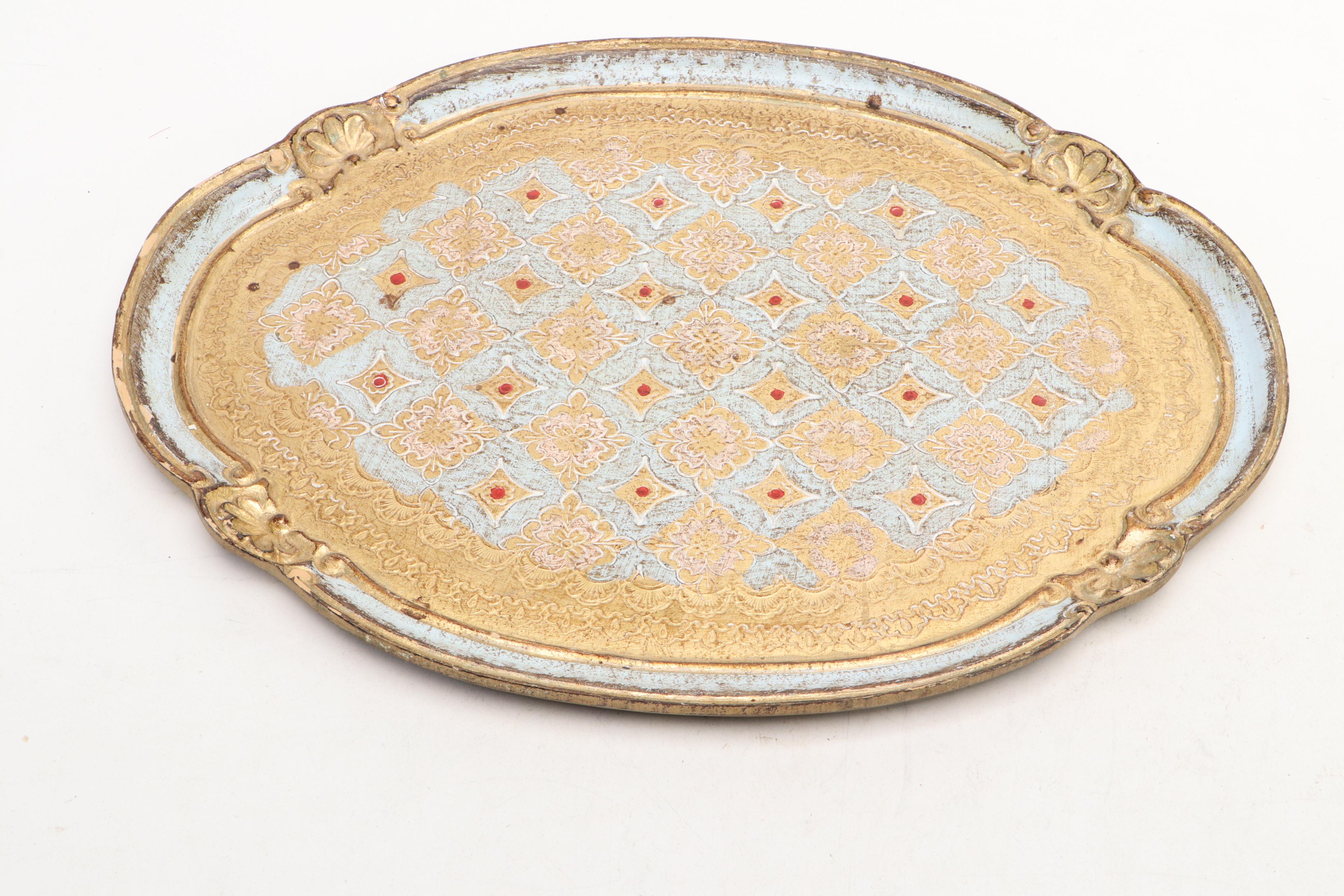 Florentine Armorial Papier-Mâché Bookends and Tray with Other Wooden Tray