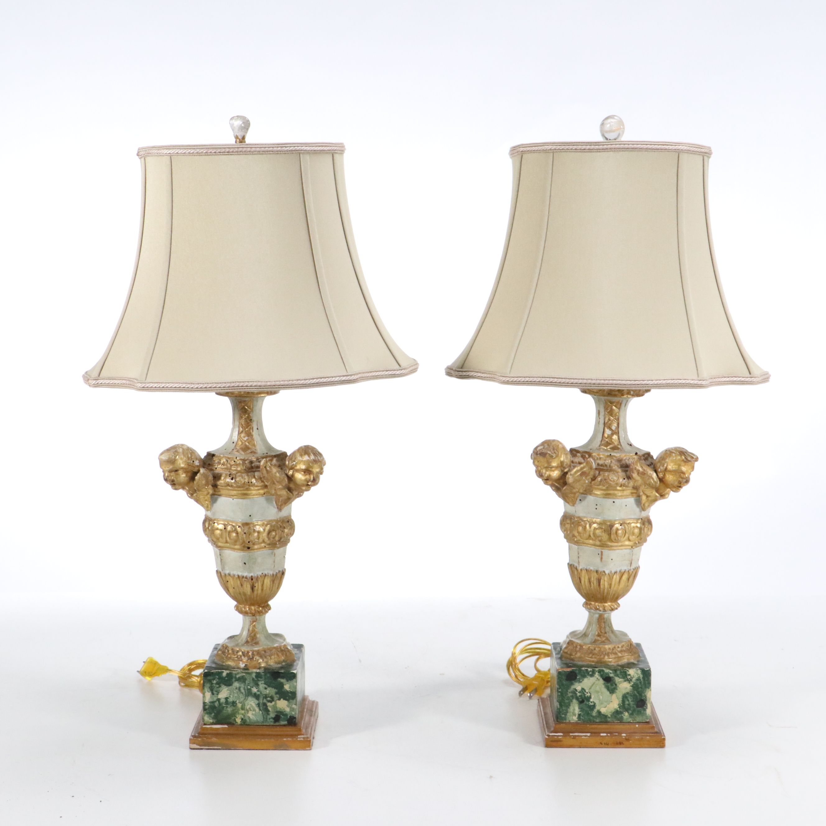 Pair of Continental Style Baluster Form Console Lamps & Silk Cut Corner Shades