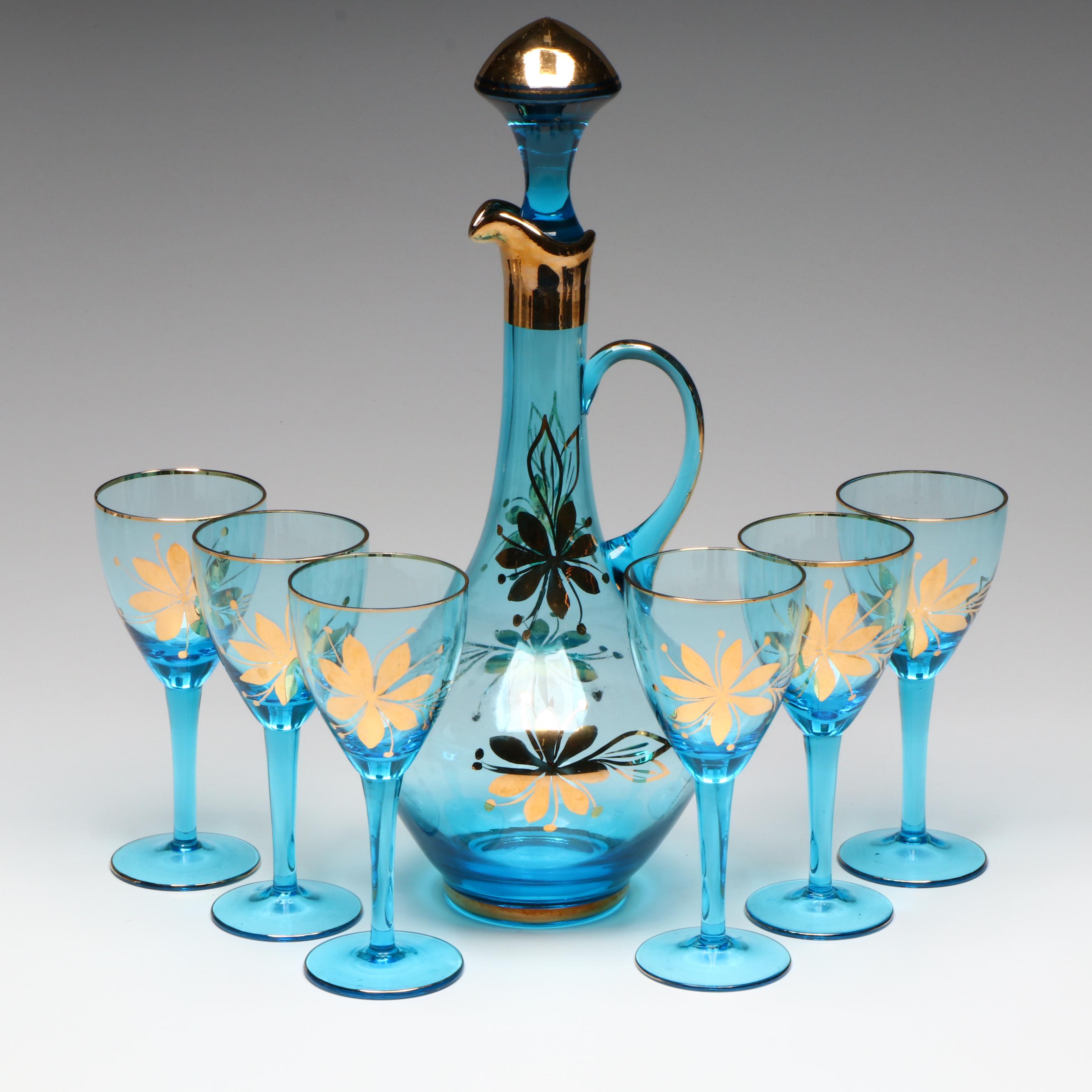 Mid Century Modern Style Blue Glass Decanter Set with Gilt Floral Accents