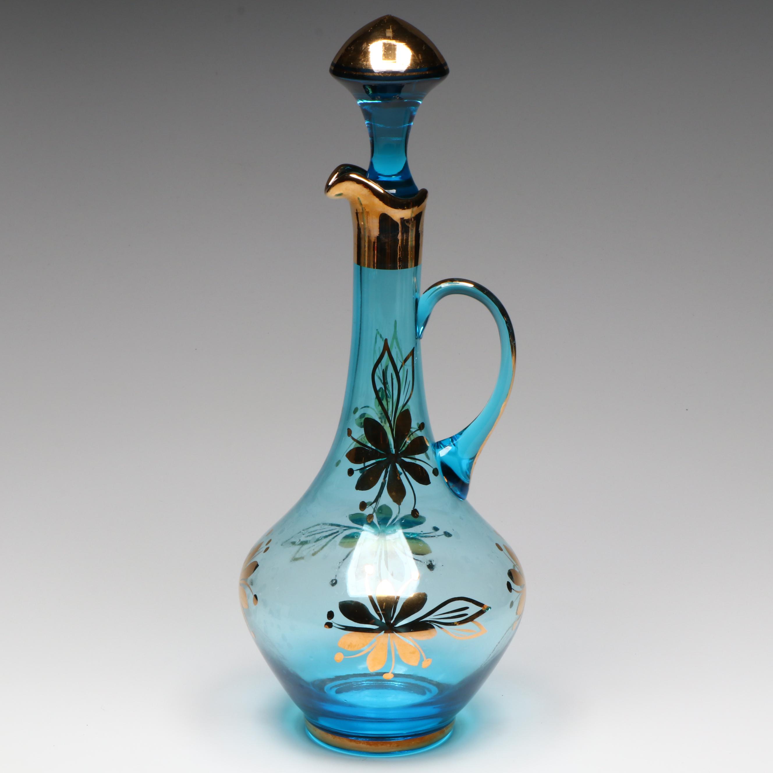 Mid Century Modern Style Blue Glass Decanter Set with Gilt Floral Accents