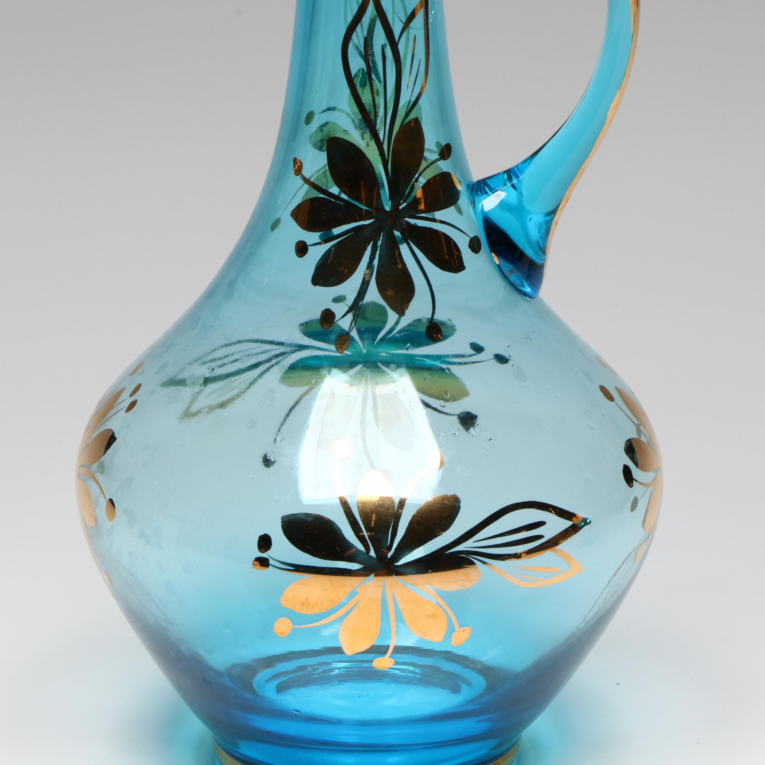 Mid Century Modern Style Blue Glass Decanter Set with Gilt Floral Accents