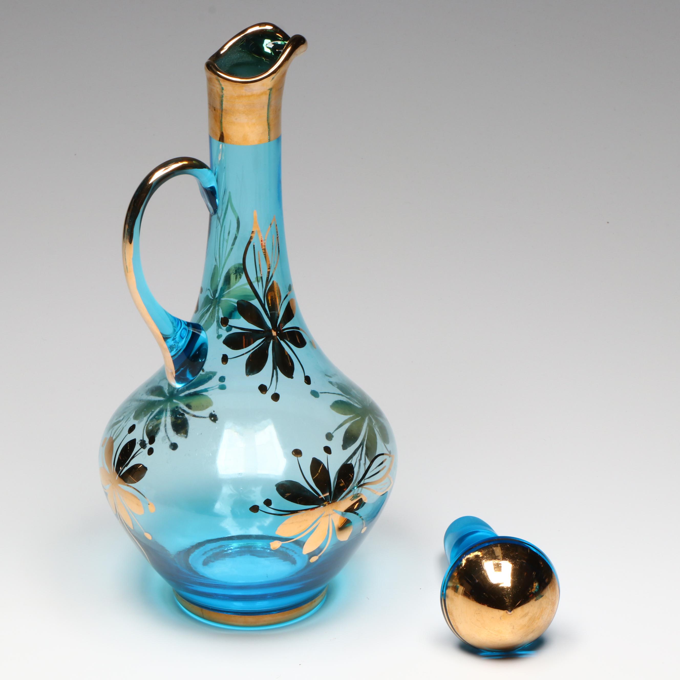 Mid Century Modern Style Blue Glass Decanter Set with Gilt Floral Accents