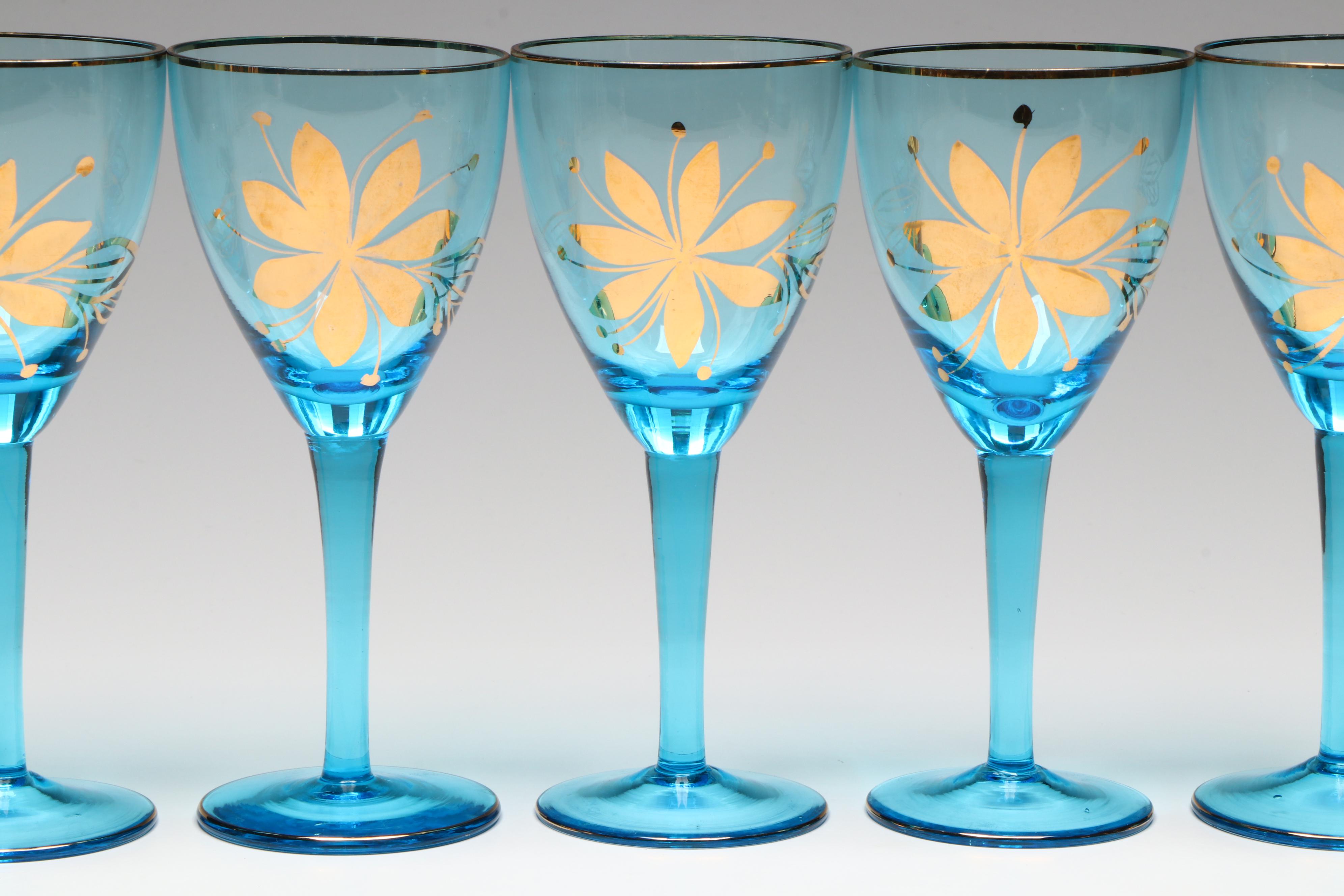 Mid Century Modern Style Blue Glass Decanter Set with Gilt Floral Accents