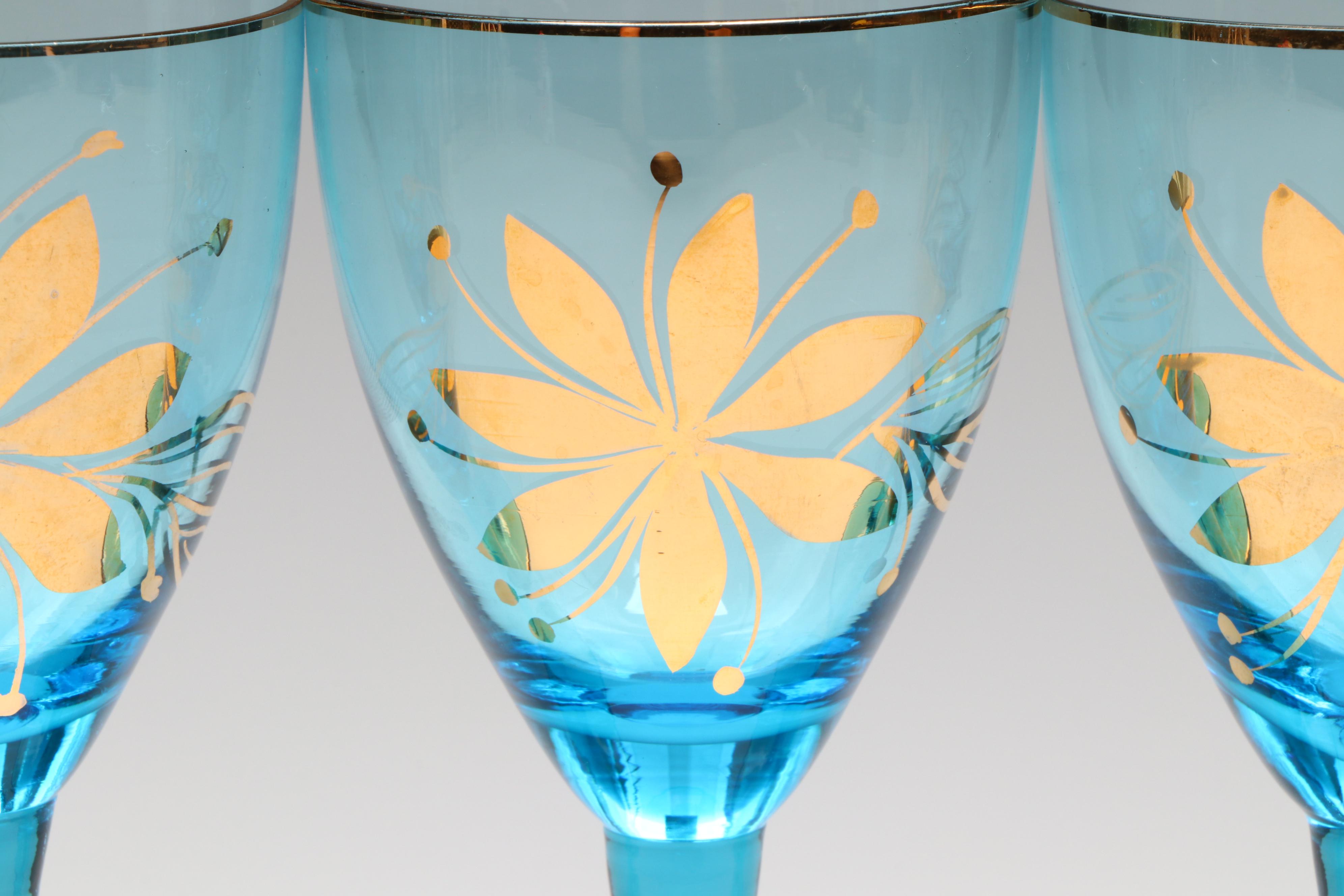 Mid Century Modern Style Blue Glass Decanter Set with Gilt Floral Accents