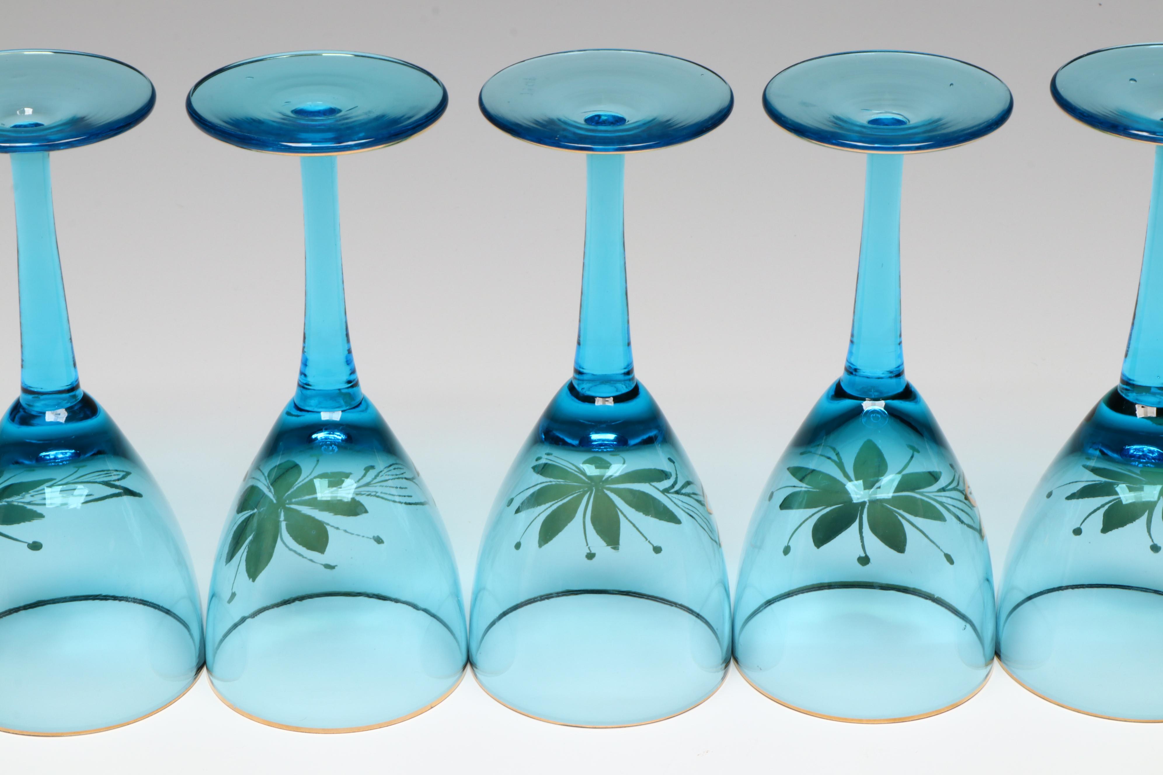 Mid Century Modern Style Blue Glass Decanter Set with Gilt Floral Accents