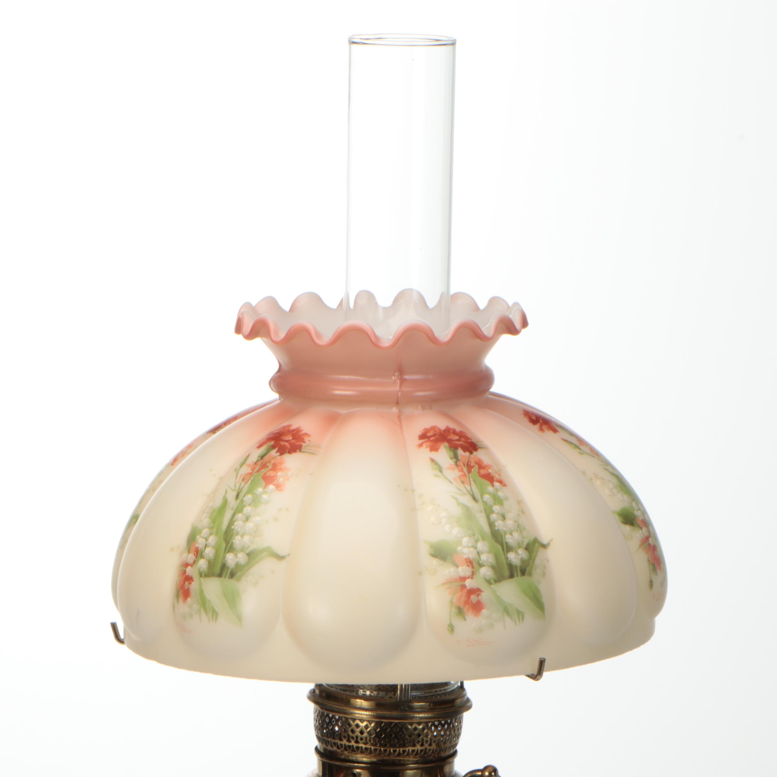 Repousse Brass and Paint-Decorated Banquet Lamp, Antique and Adapted