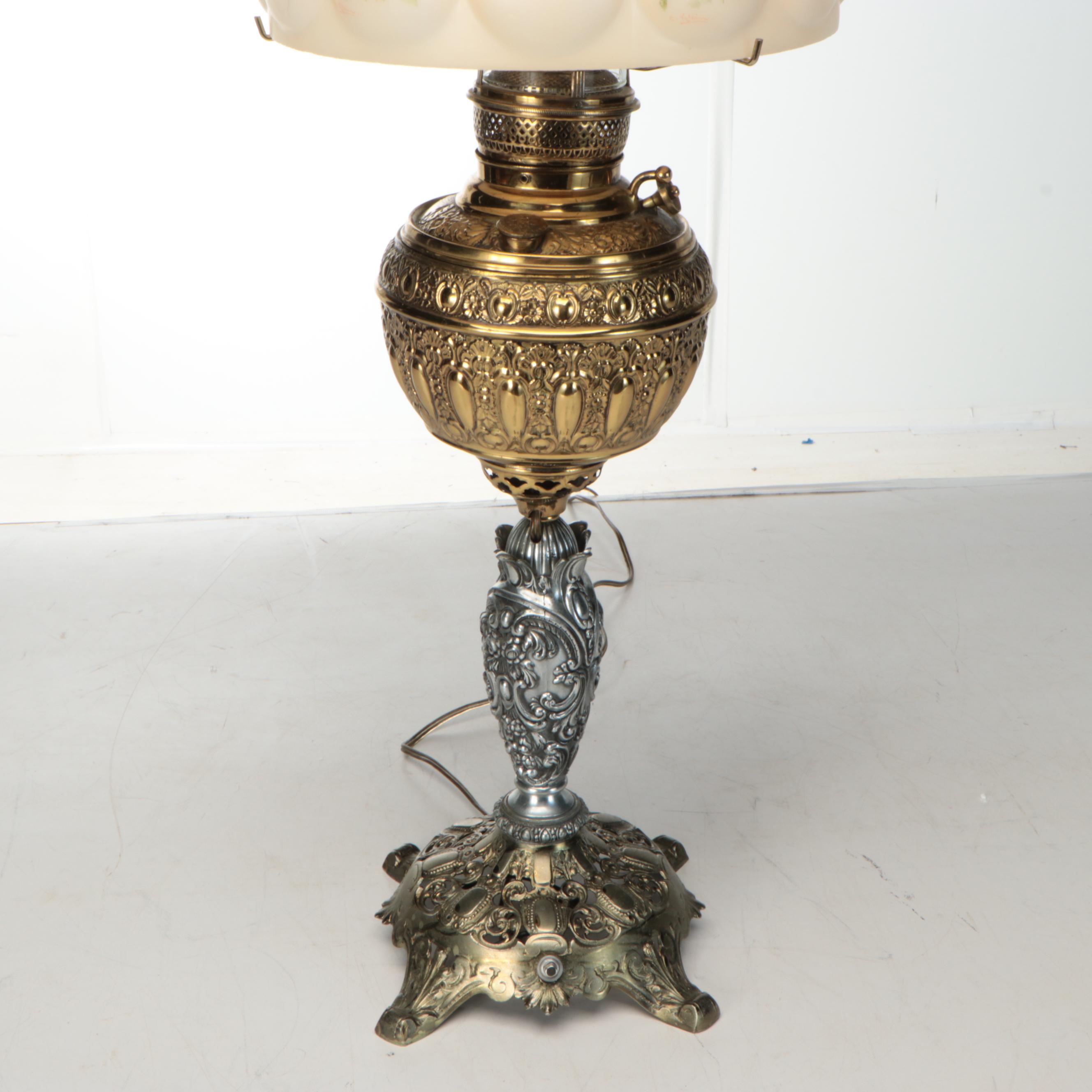 Repousse Brass and Paint-Decorated Banquet Lamp, Antique and Adapted