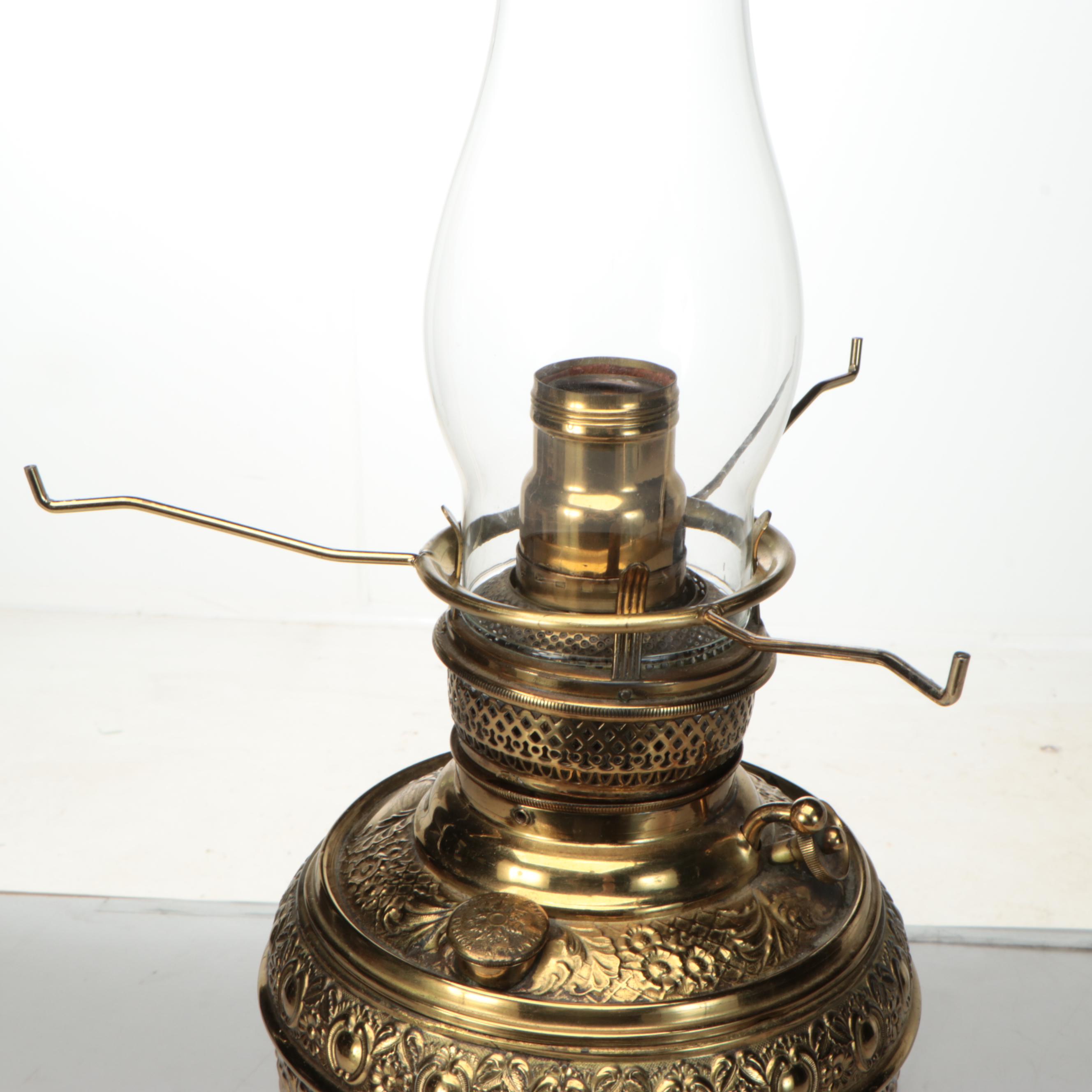 Repousse Brass and Paint-Decorated Banquet Lamp, Antique and Adapted