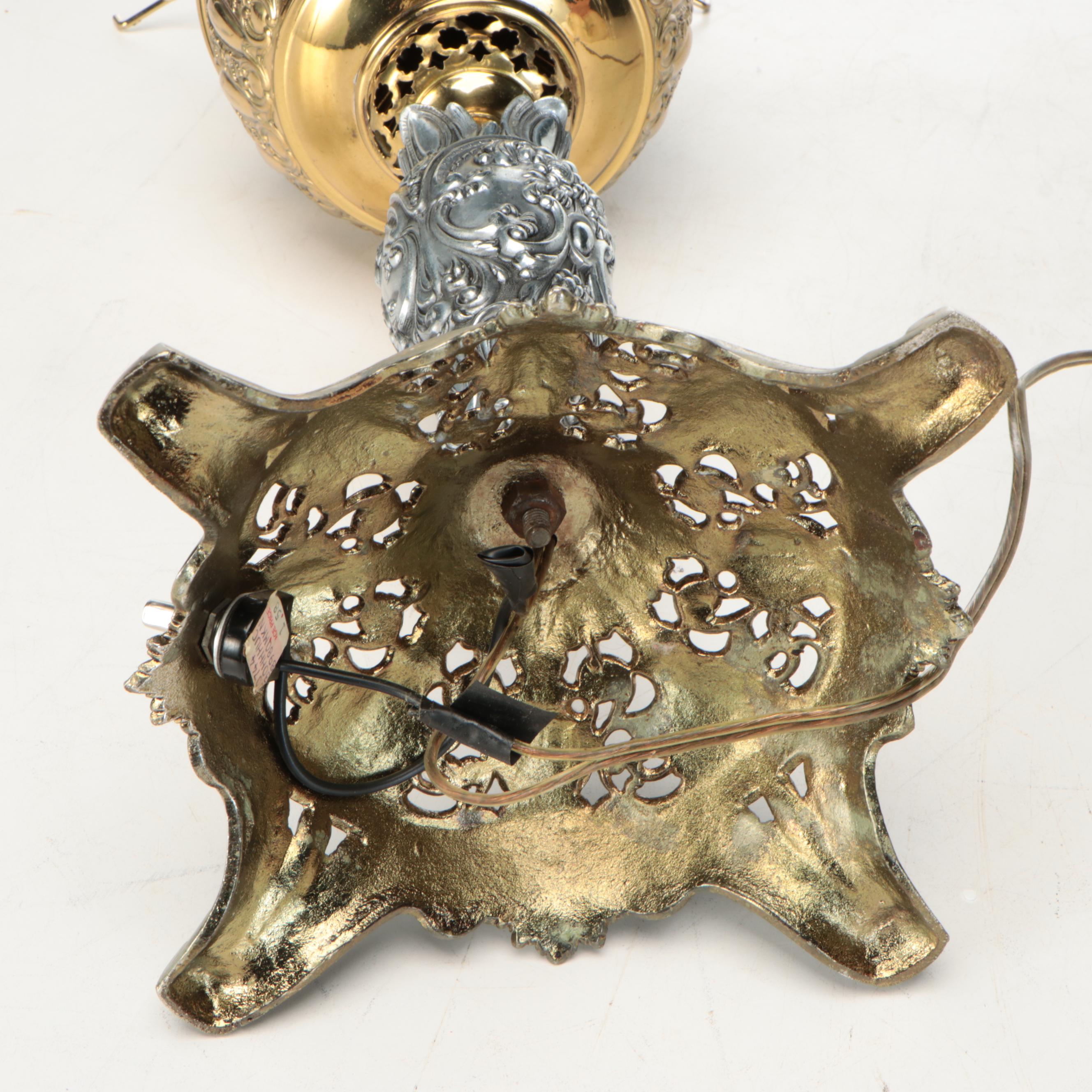 Repousse Brass and Paint-Decorated Banquet Lamp, Antique and Adapted