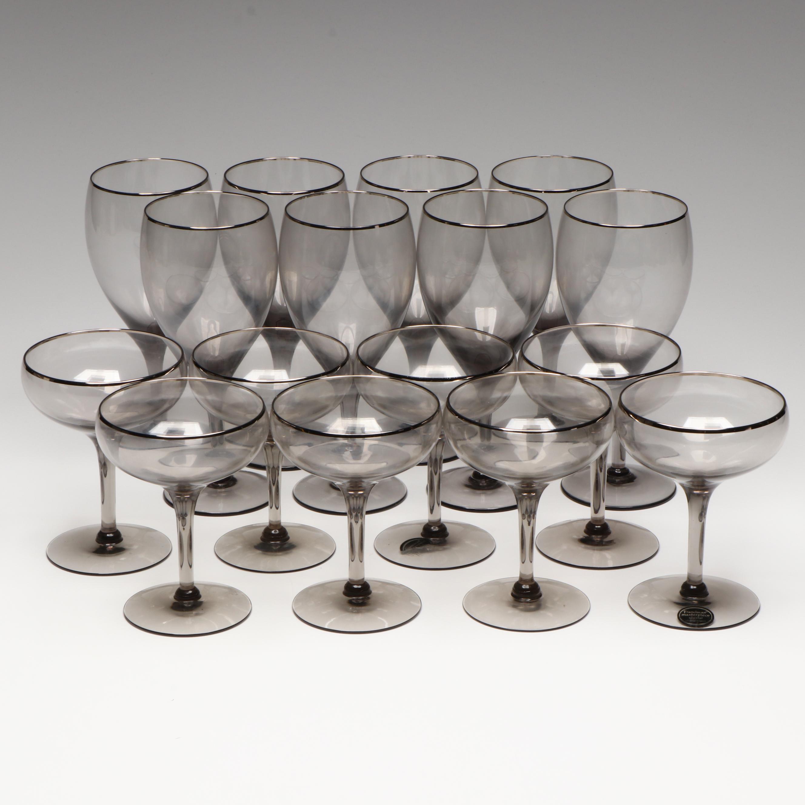 Franciscan Masterpiece "Midnight Mist" Silver Rim Smoked Goblets and Coupes