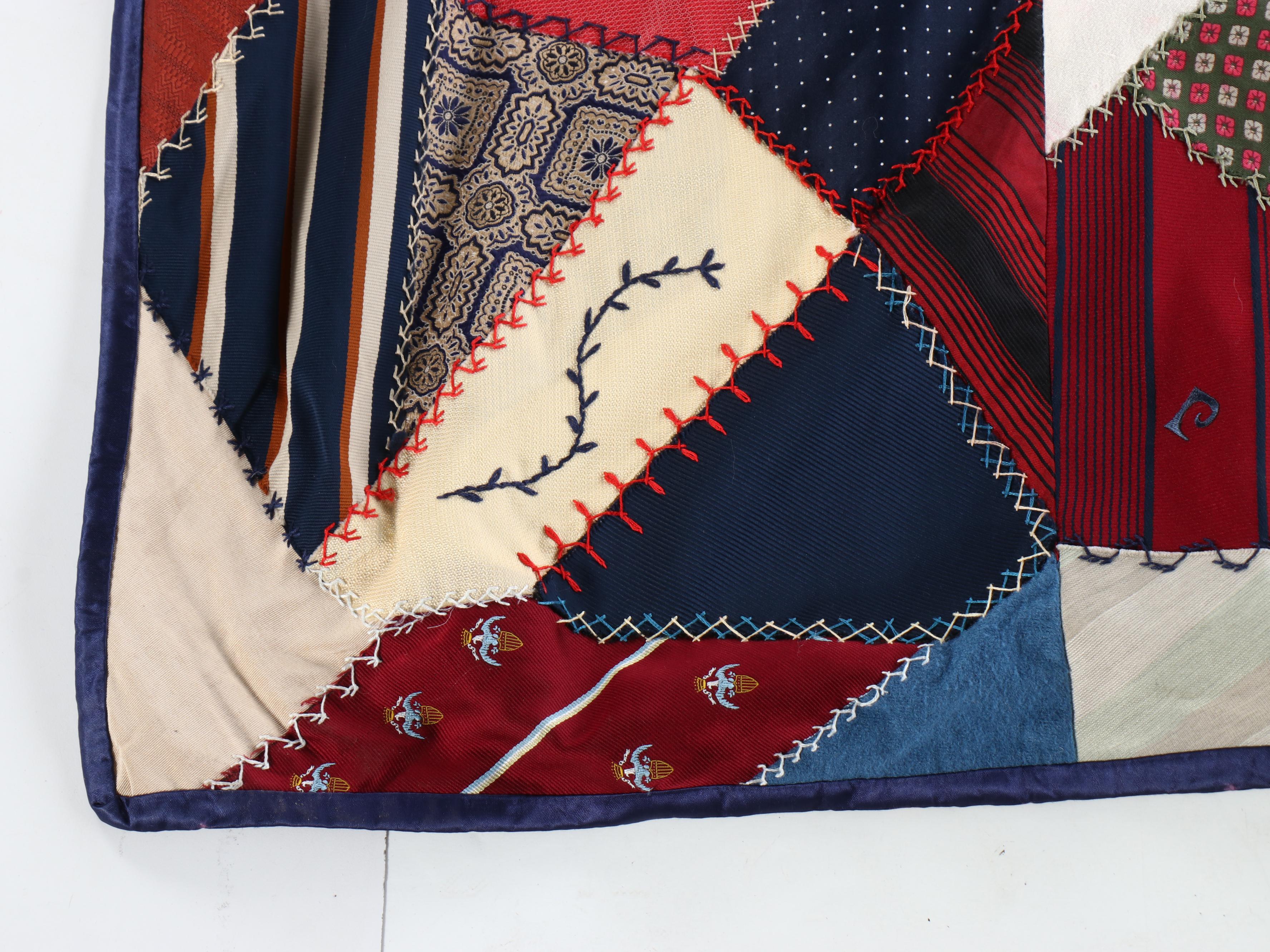 Handmade Memorial Necktie-Constructed "Crazy Quilt" with Embroidery Accents