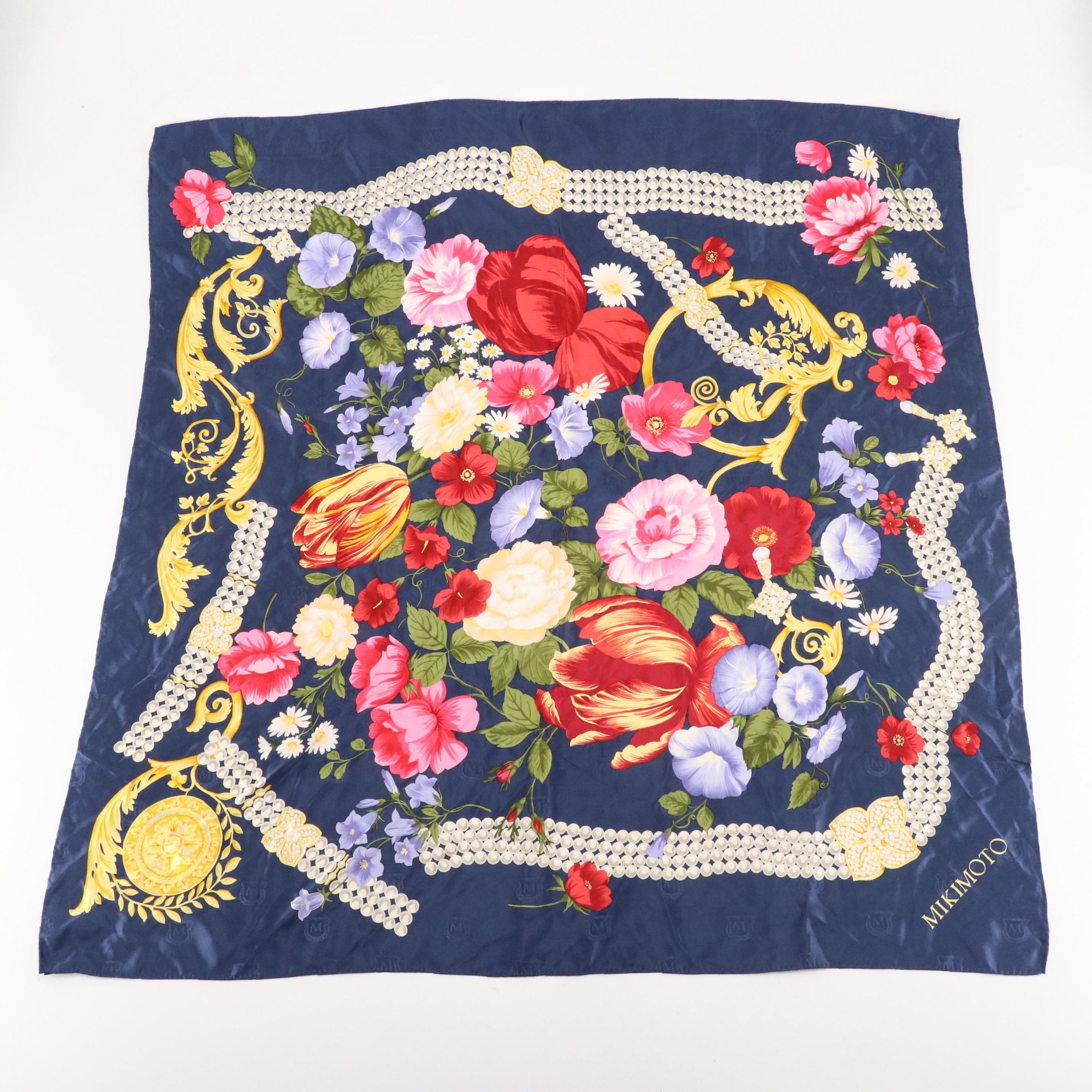 Mikimoto Pearl/Floral Motif Scarf 90 in Silk Charmeuse
