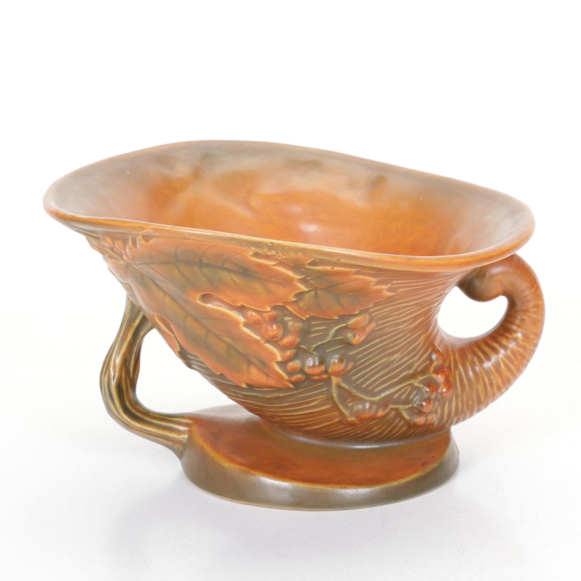 Roseville Pottery "Bushberry" Brown Glaze Cornucopia Vase with Flower Frog