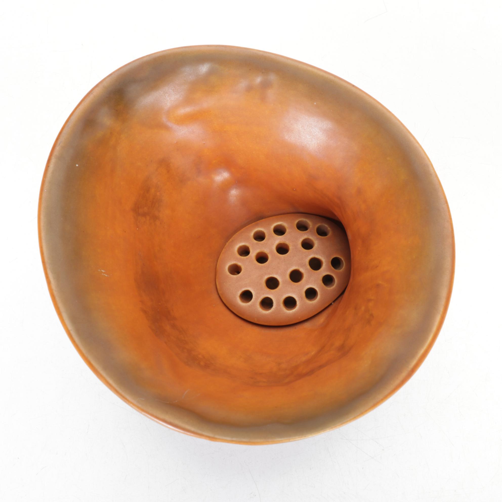 Roseville Pottery "Bushberry" Brown Glaze Cornucopia Vase with Flower Frog