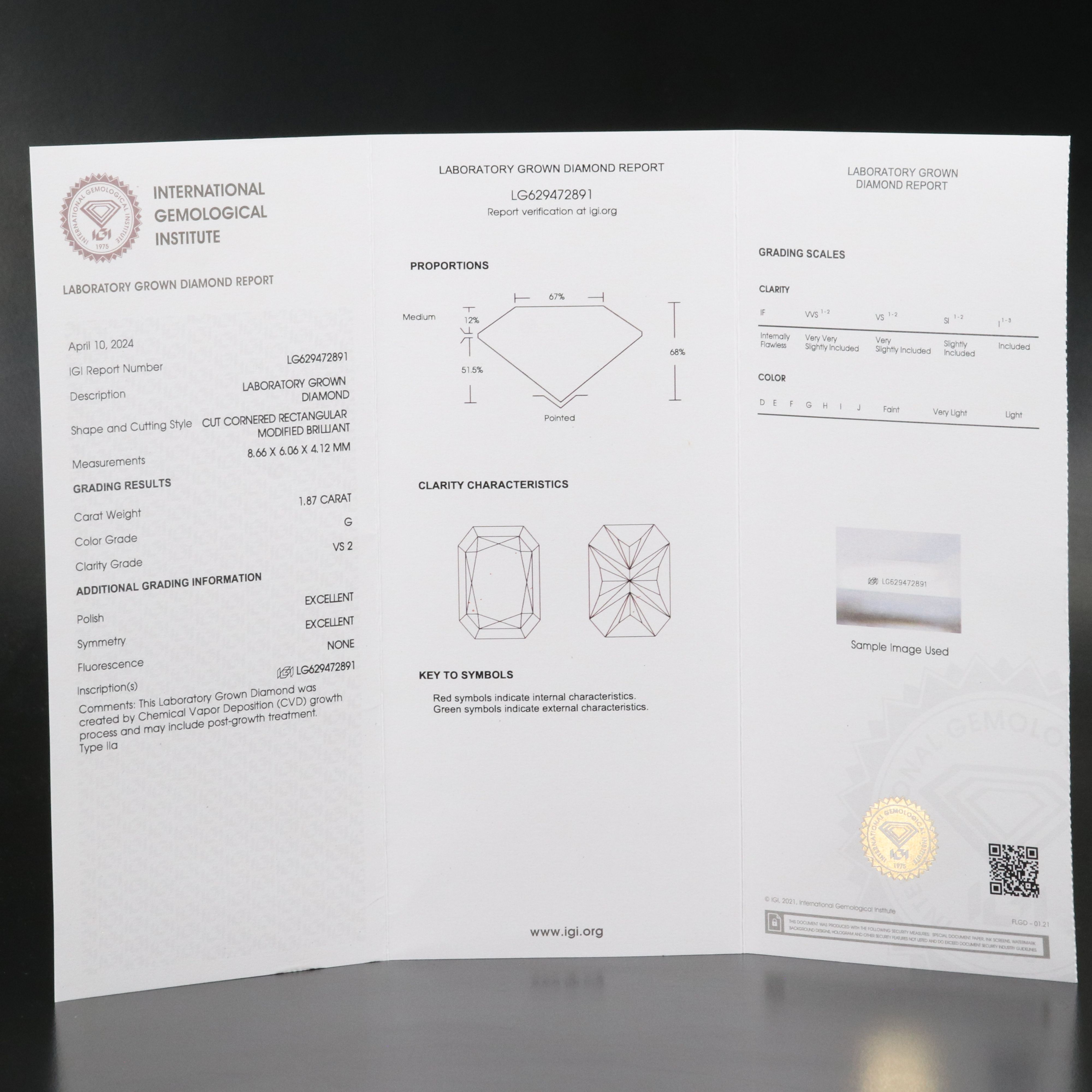 Loose 1.87 CT Lab Grown Diamond with IGI Report