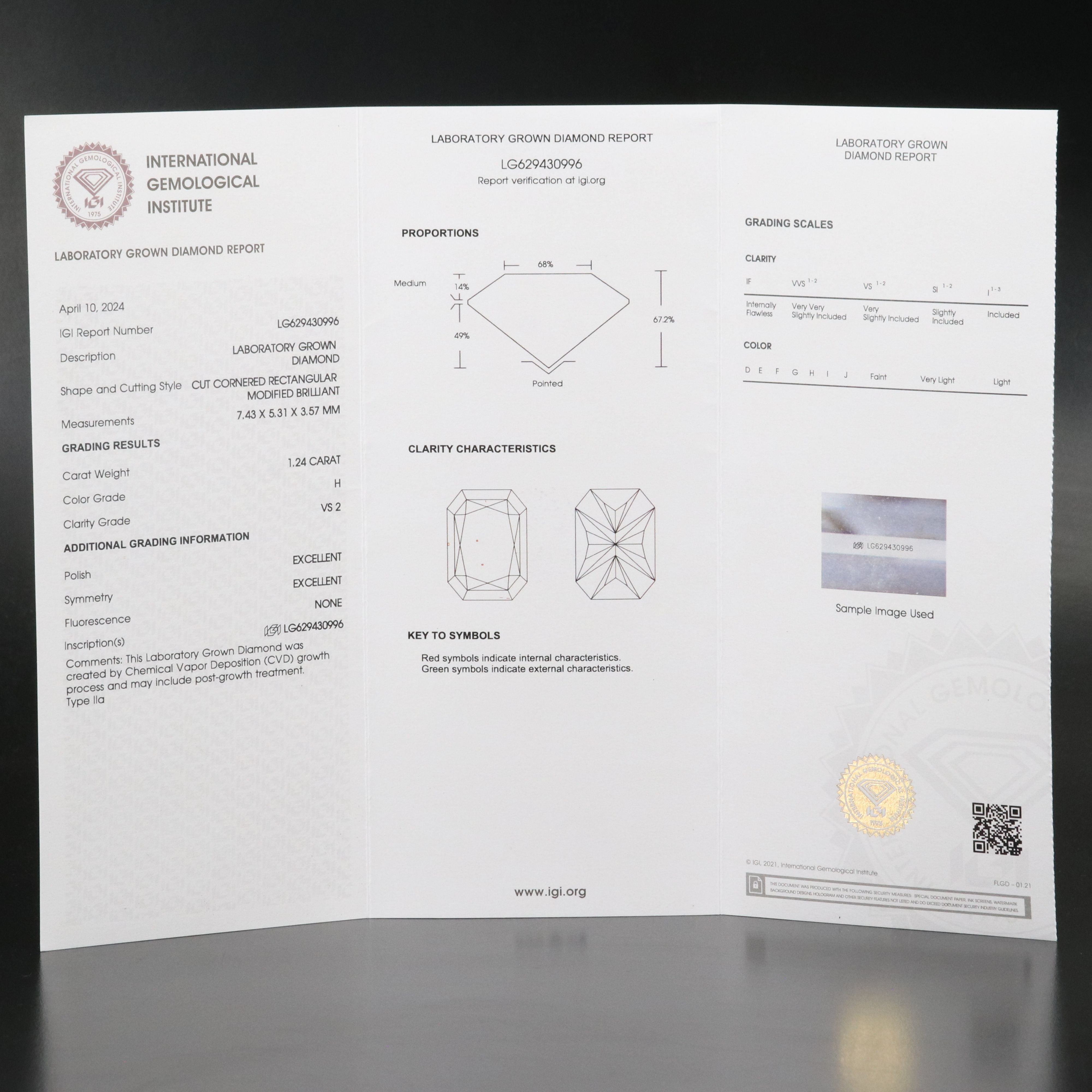 Loose 1.24 CT Lab Grown Diamond with IGI Report
