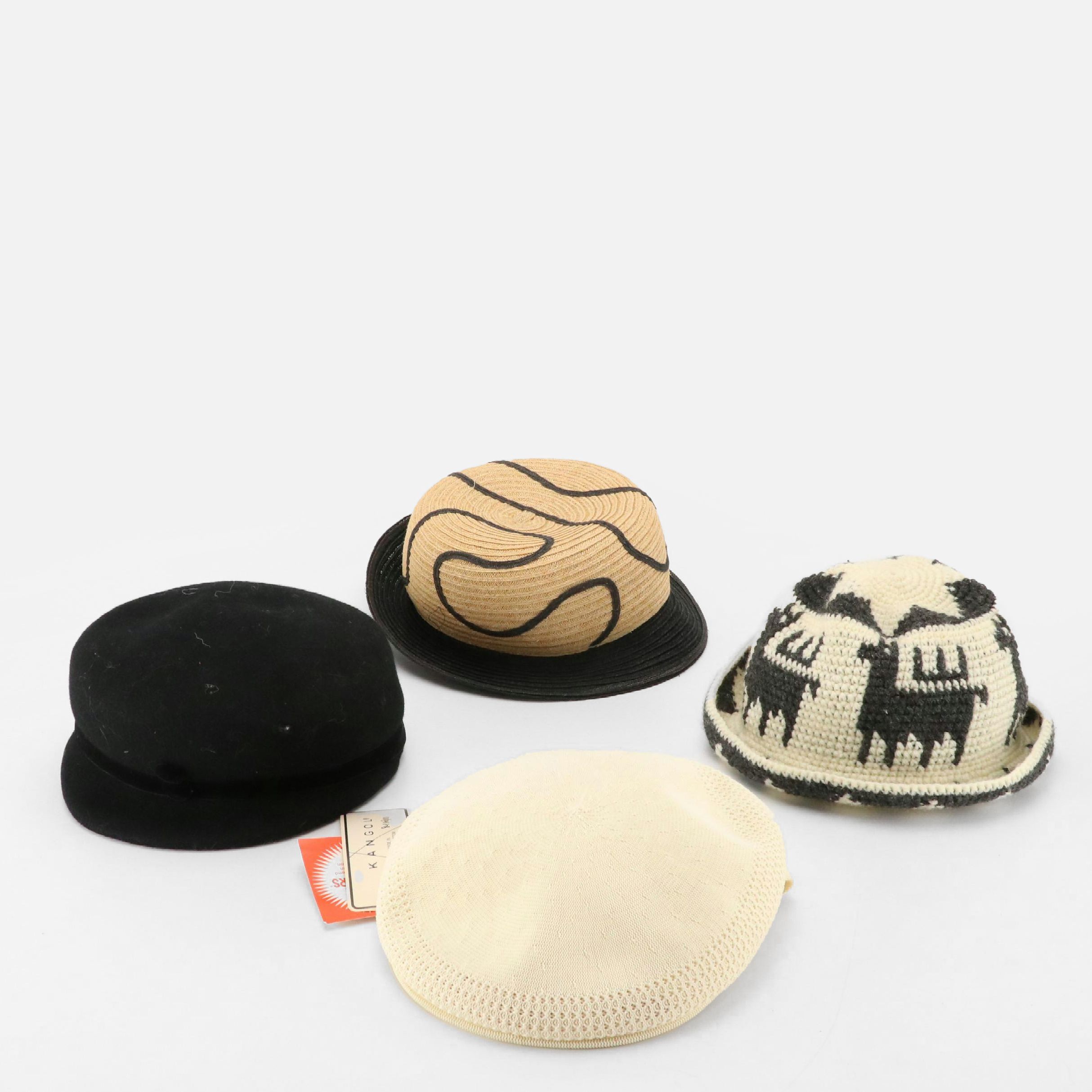 Kangol Cap, Diane Harty Straw Hat, Lama Knit Bucket Hat, and Felted Wool Hat
